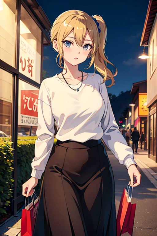 masterpiece, best quality, highres, aahayasaka, side ponytail, medium breasts, necklace, 
brown long maxi skirt, oversized deep red Crew neck sweater,sweater tucked out,
outdoors, shopping

