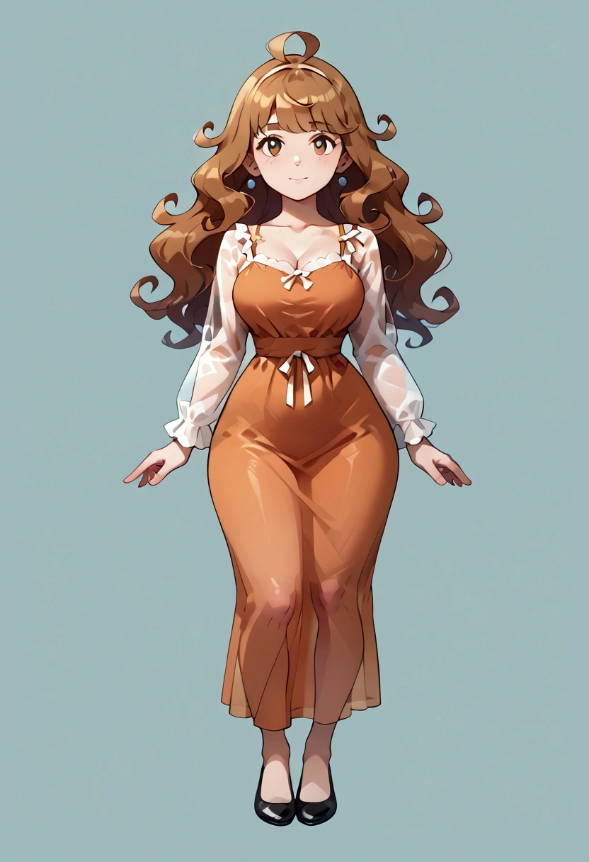 score_9, score_8_up, score_7_up, score_6_up, score_5_up, (anime_source), anime style, 1girl, alone, mexican girl, light brown skin, standing, beige spaghetti strap dress, orange dress, Black top with translucent long sleeves, translucent sleeves, translucent neckline, translucent long-sleeve top layered under dress, simple background, paired with wavy hair featuring a black-to-brown gradient, cinnamon gradient, bangs, long hair, long brown dress with spaghetti straps, straight neckline, and tailored fit, black semi-transparent long-sleeved shirt underneath, adjusting clothes, calm and confident expression, realistic proportions, curvy body, big breasts, thick thighs, good waist, wide hips, simple and elegant pose, dynamic and soft lighting, attractive and stylish, full body, orange and warm tones in the background, simple background, ((Masterpiece, Best Quality)), (8k, Ultra Detailed), ((good anatomy)), zzmktpzz,