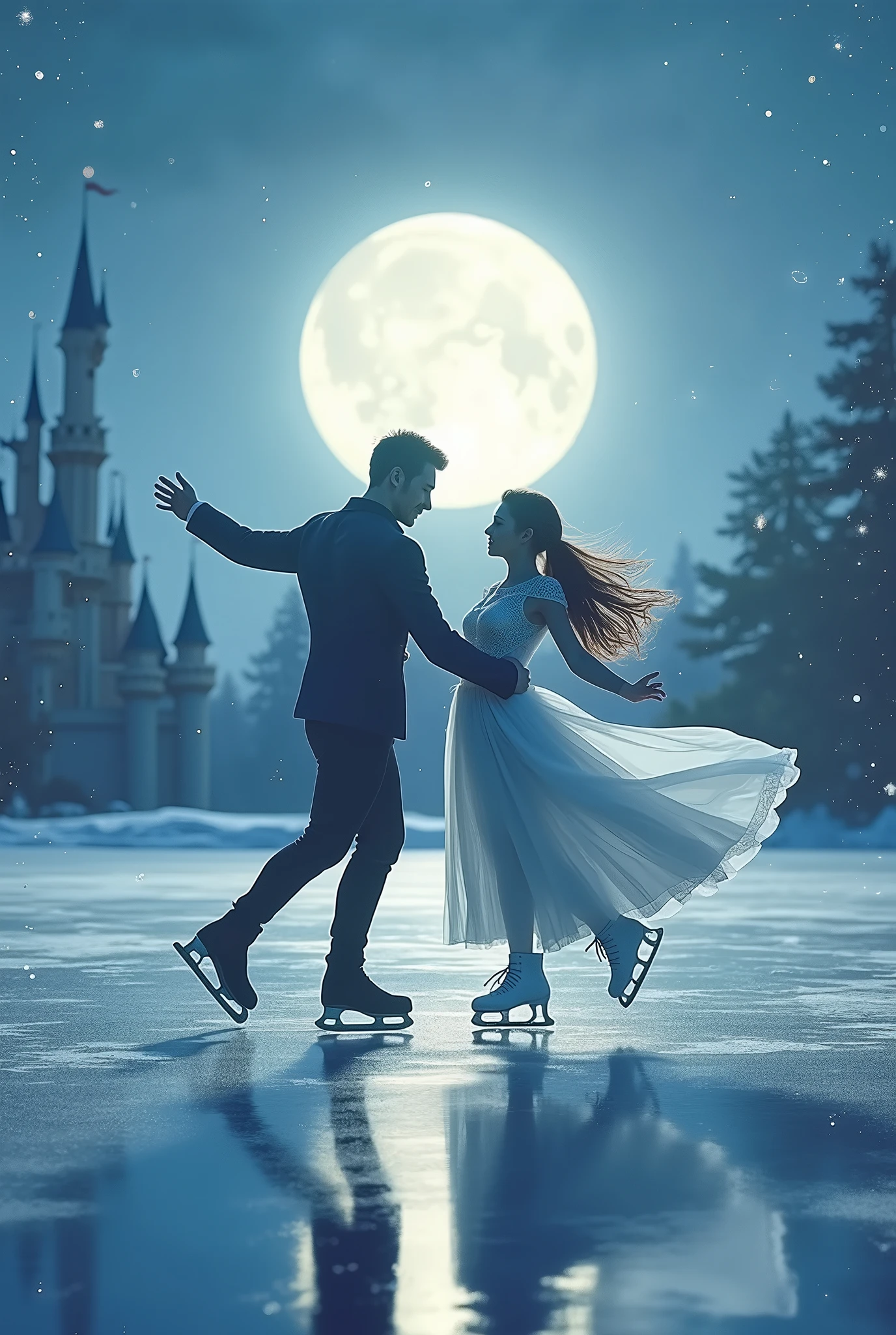 (8k, Highest quality, masterpiece)，Double Exposure, (silhouette), ice skating, (, A tranquil frozen lake, a man and a woman ice dancing,, ), The wind blows the dress and the skirt spreads out., Moonlit Night, Cinderella Castle, Outdoor, 
Shooting stars, twinkling starry sky, sparkling ice crystals, many snowflakes