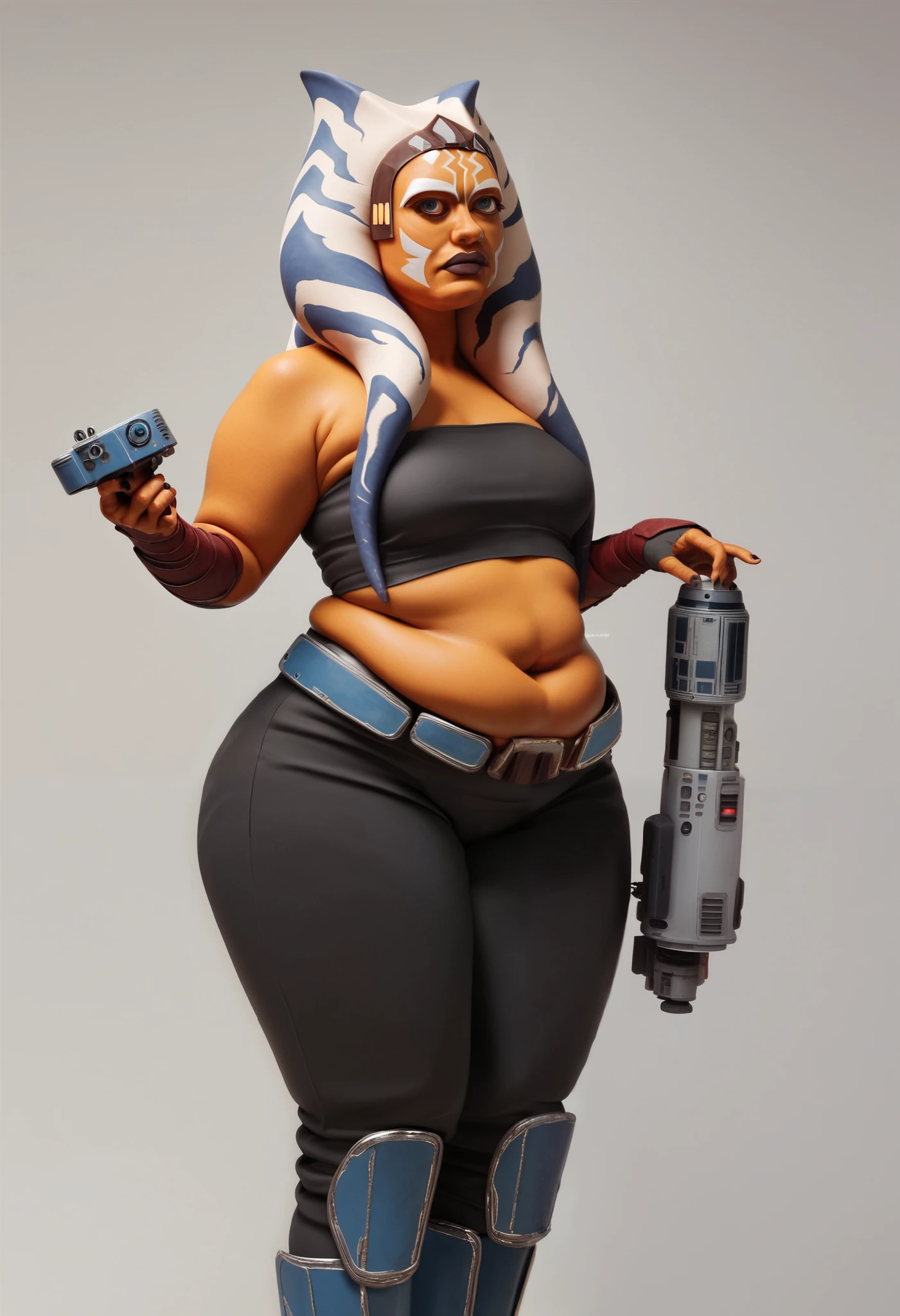 Ahsoka tano Star Wars in a starship, sovietic, chubby, wide hips, full outfit, doing maintenance, repairing machinery, cramped space, big wide hips, fat hips, chubby smooth rounded belly. pretty face.