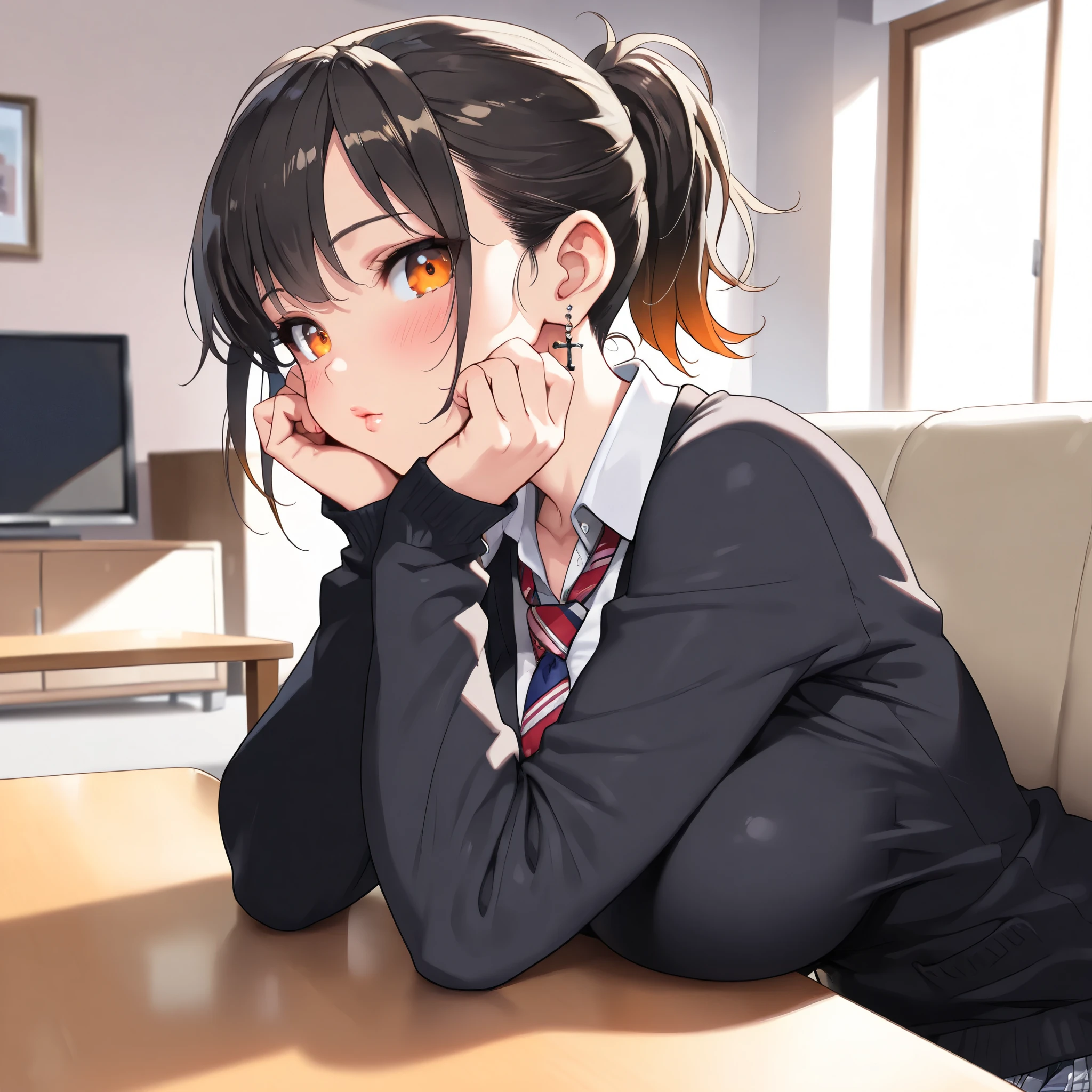 cute girl, solo, school uniform, short hair, ponytail hair, Black hair with brown ends, orange eyes, large breasts, necktie, cross Pierced earrings, cute lips, cardigan, blush, flawless smooth skin, looking at viewer, A dazed expression, hands on own face, indoors, living, table, sofa, (best quality,4k,8k,highres,masterpiece:1.2),ultra-detailed,intricate details, high fashion, dramatic lighting, warm colors, chiaroscuro