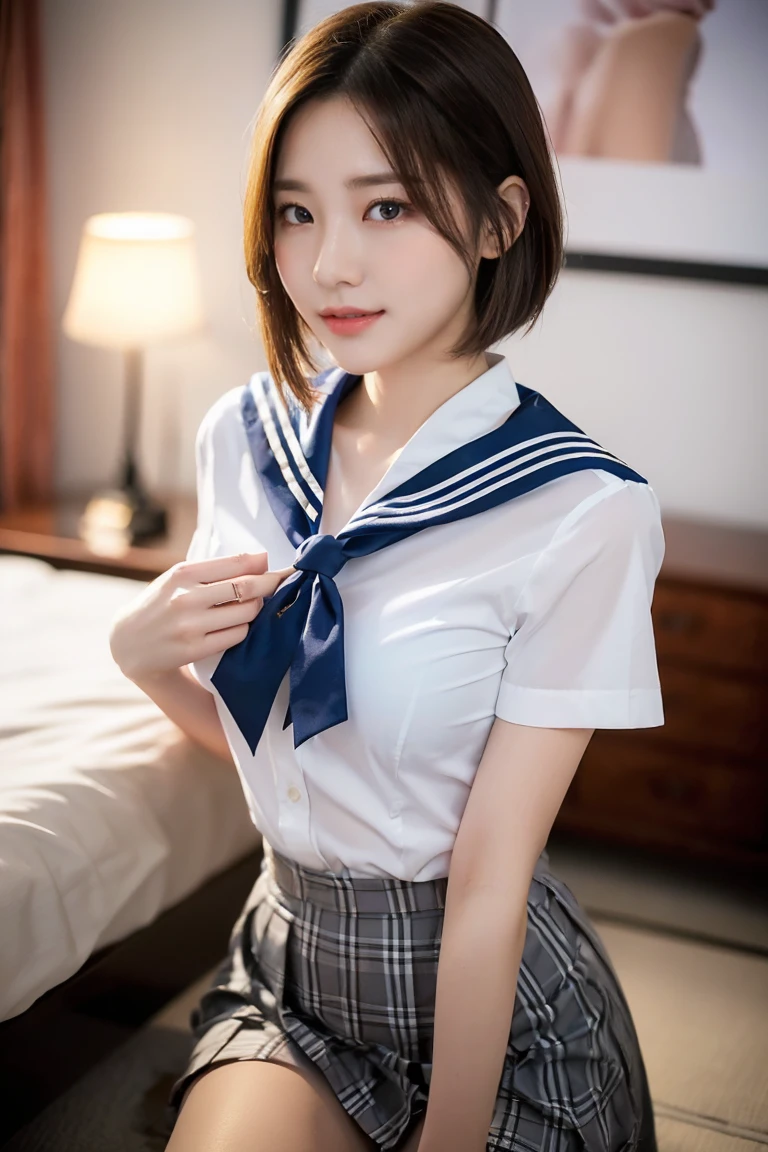 (A stunning Japanese-Korean lady, sitting comfortably in dark bedroom at night, natural pose, wearing a traditional Serafuku, Seifuku, tight white shirt, white blouse button-down, translucent short-sleeve, blue plaid skirt, form-fitting pleated skirt, red ribbon bow tie, sailor collar, youthful charms, smooth complexion, beautiful detailed face, beautiful detailed eyes and lips, long eyelashes, slender figure, perfect body proportion, friendly expression, snaggletooth, cute dimples, kind smile, short hair, short layered hair, side ponytail, Bob hair, Curved in Blunt Bob, Asymmetrical Bob, confident & poised demeanor, Looking at viewer, 

Blurred background, Bokeh effect, ultra-detailed,
(best quality, 4k, 8k, high-resolution), 
(masterpiece:1.28), award-winning,
(realistic, photorealistic, photo-realistic:1.37),
HDR, UHD, studio lighting, ultra-fine painting,
sharp focus, physically-based rendering, extreme detail description, professional photography, vivid colors, SFW, Safe for Work, Cowboy Shot, Close-up Shot, High Angle Shot, Selfie, Selca)