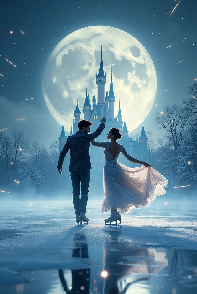 (8k, Highest quality, masterpiece)，Double Exposure, (silhouette), ice skating, (, A tranquil frozen lake, a man and a woman ice dancing,, ), The wind blows the dress and the skirt spreads out., Moonlit Night, Cinderella Castle, Outdoor, 
Shooting stars, twinkling starry sky, sparkling ice crystals, many snowflakes