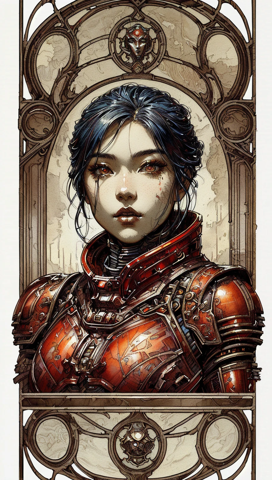 a close up of a japanese woman in armor, stunning character art, epic exquisite character art, beautiful character painting, epic sci - fi character art, epic sci-fi character art, dan mumford tom bagshaw, inspired by Feng Zhu, by Jeremy Chong, lady in red armor, epic portrait illustration, very beautiful cyberpunk samurai, great digital art with details