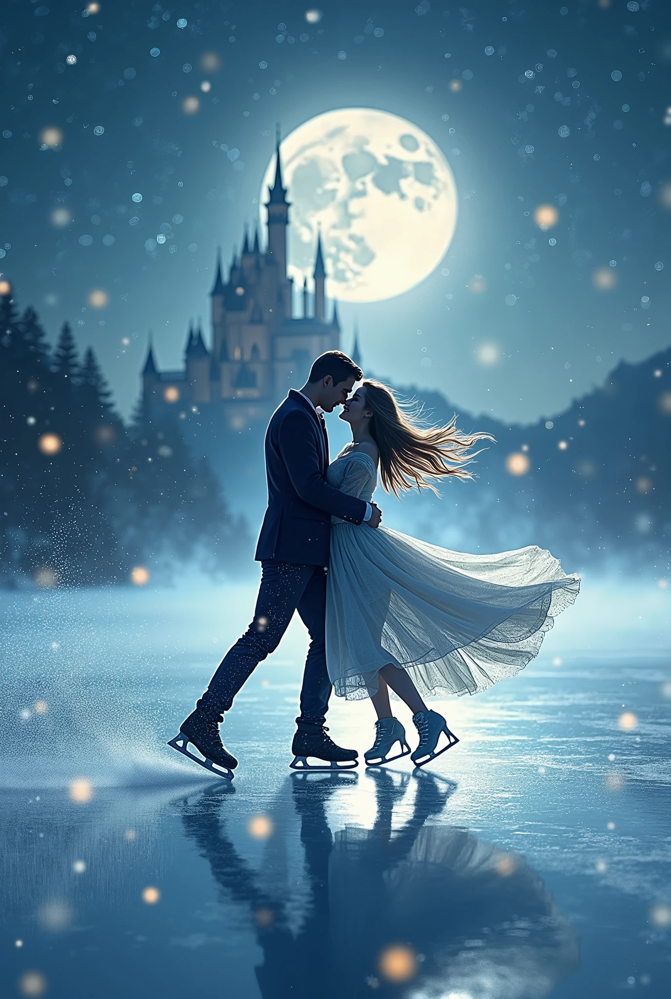 (8k, Highest quality, masterpiece)，Double Exposure, (silhouette), ice skating, (, A tranquil frozen lake, a man and a woman ice dancing,, ), The wind blows the dress and the skirt spreads out., Moonlit Night, Cinderella Castle, Outdoor, 
Shooting stars, twinkling starry sky, sparkling ice crystals, many snowflakes