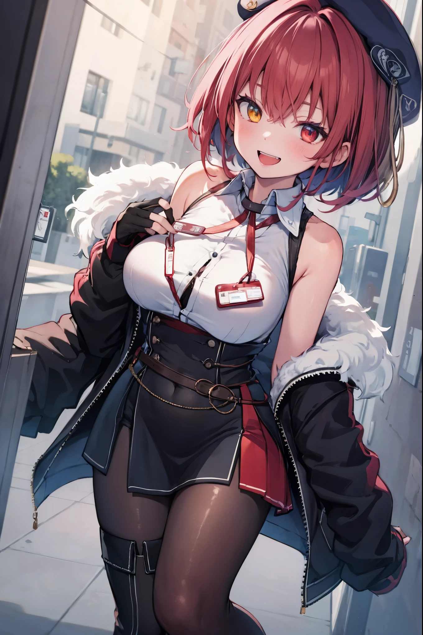 ((Masterpiece)), (Best Quality), marine_beret, Collared_White_Shirt, Sleeveless, High-waisted Skirt, Pantyhose, Blue Jacket, Fur Embellishment, Fingerless Gloves, ID Card, Solo,marine_officer,, black pantyhose, black gloves, thigh boots, beret,houshou_marine,heterochromia, red eyes, orange eyes,open_mouth,big_smile,evil_smile,fang,large_breasts,,office_landscape,red_short_hair,(plump:0.7),open_mouth,tongue, slouch,pov,grin,evil,