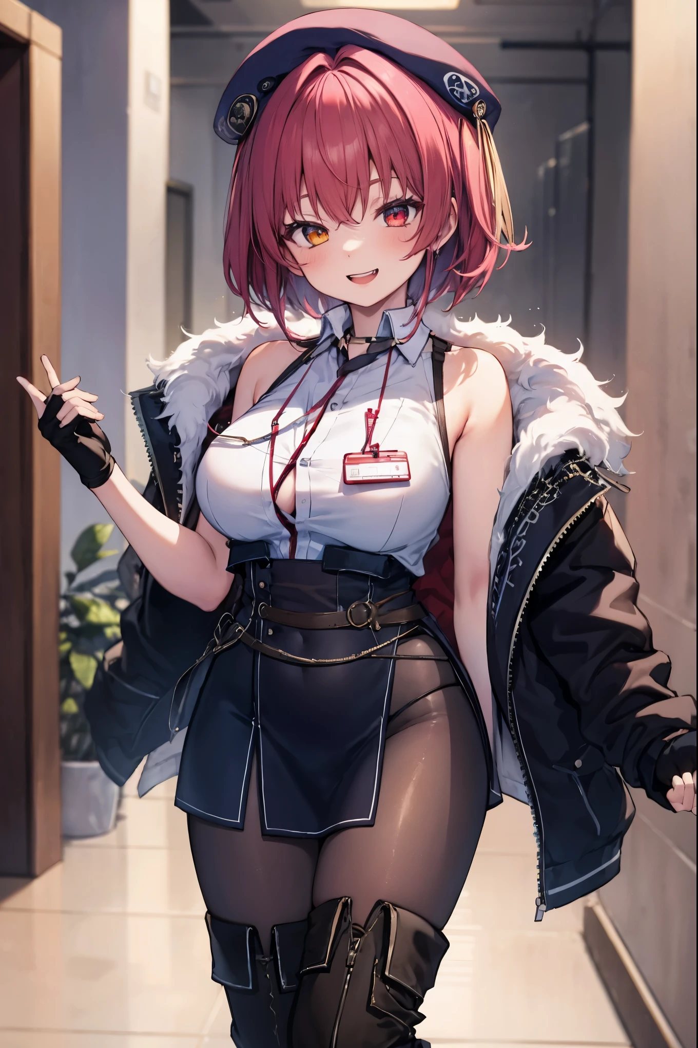 ((Masterpiece)), (Best Quality), marine_beret, Collared_White_Shirt, Sleeveless, High-waisted Skirt, Pantyhose, Blue Jacket, Fur Embellishment, Fingerless Gloves, ID Card, Solo,marine_officer,, black pantyhose, black gloves, thigh boots, beret,houshou_marine,heterochromia, red eyes, orange eyes,open_mouth,big_smile,evil_smile,fang,large_breasts,,office_landscape,red_short_hair,(plump:0.7),open_mouth,tongue, slouch,pov,grin,evil,