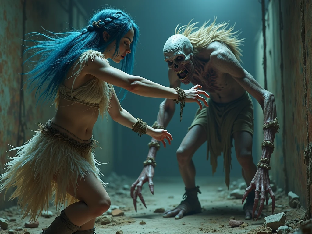 Beautiful biracial latina woman, wet long light blue hair, light blue eyes,large breasts,dress like french marianne,révolution française, Résolution Haute, paris in fire, dust and chaos, torn clothes, crounching for help a kid on the floor to stand up