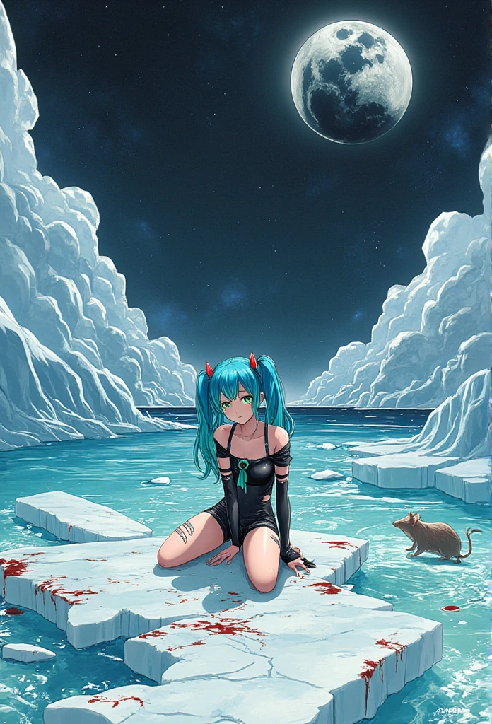 in anime 2.5D niji6 strong lines oil ink art super details in the art Elza Frozen in fusion with Harlequin DC in t-shirt ripped black blouse zexy black blue green with large and bright green eyes with blue tomoi she is in the middle of a sea of thin ice with rats bleeding on the ground with the waning black moon in the background in reality style photo realism maximum quality details super graphic perfection of the latest generation