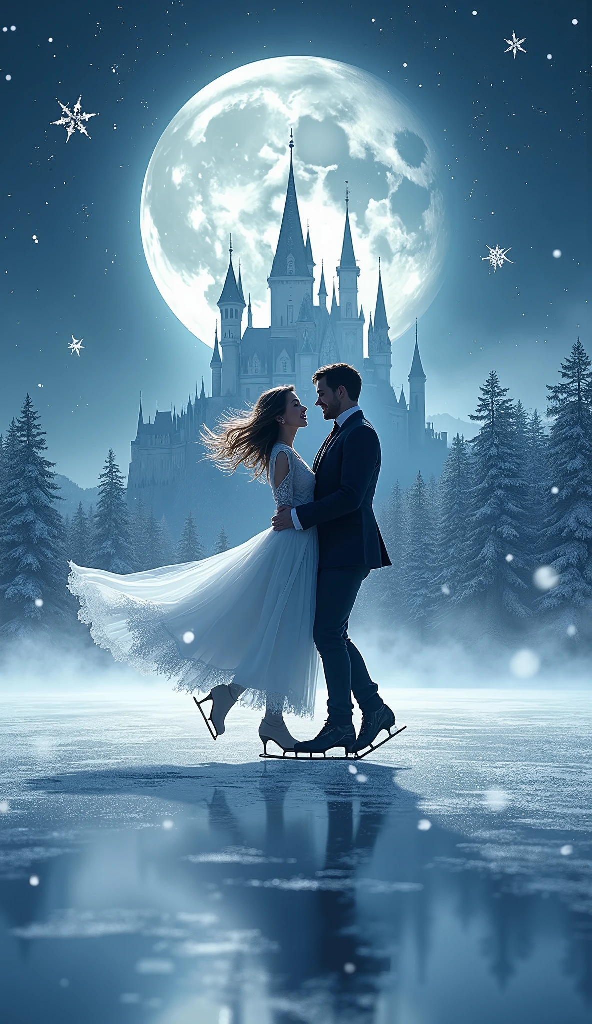 (8k, Highest quality, masterpiece)，Double Exposure, (silhouette), ice skating, (, A tranquil frozen lake, a man and a woman ice dancing,, ), The wind blows the dress and the skirt spreads out., Moonlit Night, Cinderella Castle, Outdoor, 
Shooting stars, twinkling starry sky, sparkling ice crystals, many snowflakes