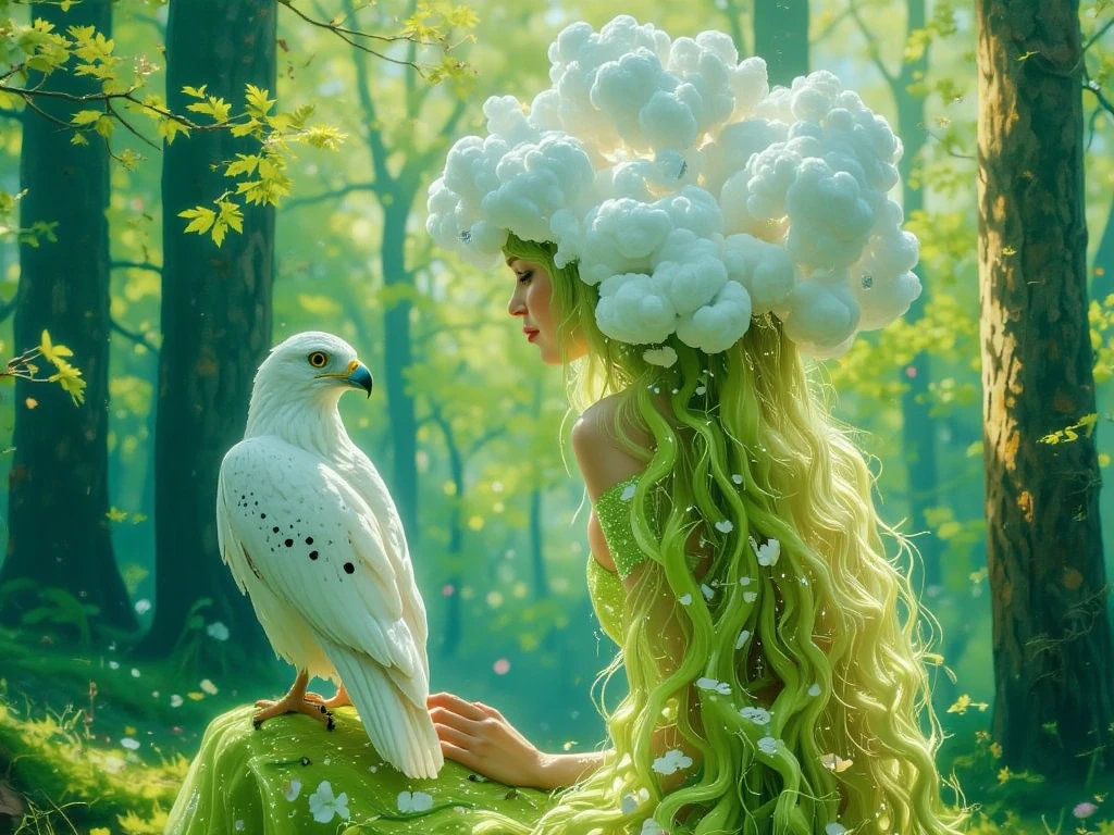 Oil on canvas, magic realism, serene and ethereal composition. A mystical woman with cascading hair resembling a vibrant green moss waterfall, partially veiled by a cloud-like formation. Beside her sits a majestic snowy hawk, exuding an air of mystery. The scene is set in a lush forest of tall, verdant trees, bathed in diffused, soft light. Vibrant greens and whites dominate the palette, with a blurred background enhancing the dreamlike quality. The rendering is detailed and surreal, capturing intricate elements of the woman, the hawk, and the forest. A mix of artists' styles such as the dreamlike elegance of Marc Chagall, the vibrant and idealised palettes of Maxfield Parrish, the surreal symbolism of René Magritte, the intricate natural details of Arthur Rackham, the mystical depth of Tomasz Alen Kopera, and the ethereal, nature-infused compositions of Catrin Welz-Stein.