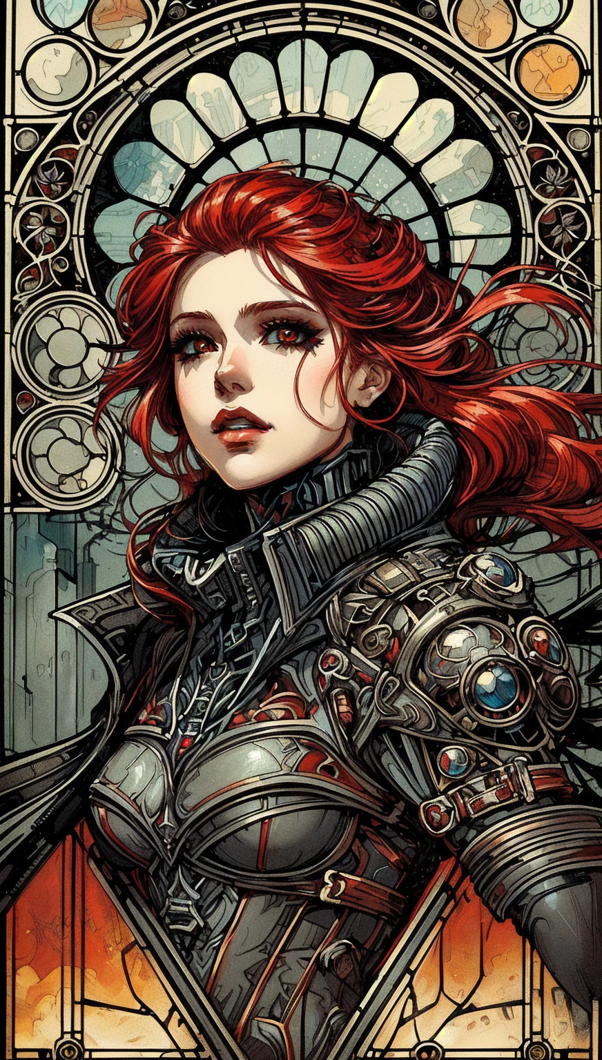 a close up of a woman with red hair and armor, female redhead templar, cyberpunk art nouveau, beautiful female neuromancer, art nouveau cyberpunk! style, portrait of lady mechanika, redhead queen in heavy red armor, art nouveau! cyberpunk! style, stunning character art, artgerm and james jean, steel inquisitor from mistborn