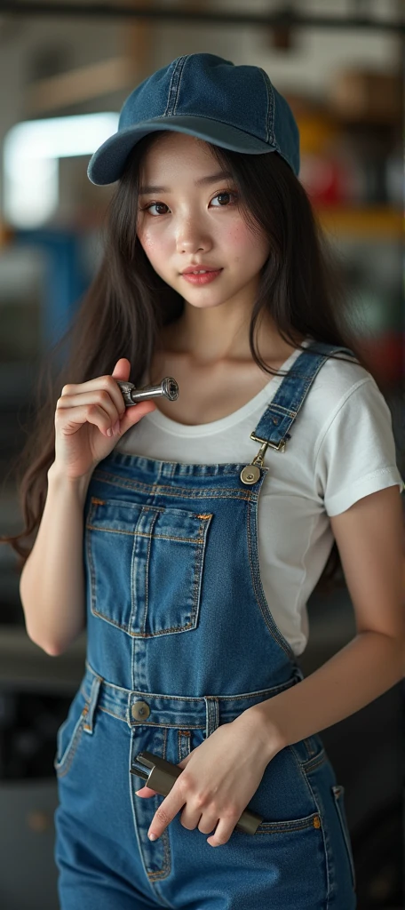 "Create an image of a doll with the profession of mechanic. The doll must be wearing typical mechanic work overalls, with grease stains, and must be giving a thumbs up with one hand. Facial expression should be friendly and confident."