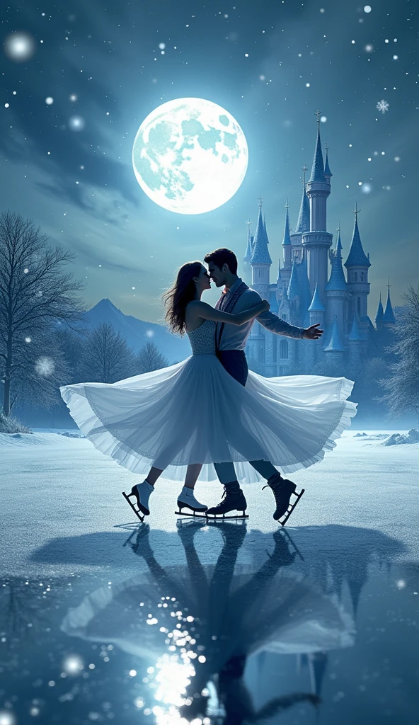 (8k, Highest quality, masterpiece)，Double Exposure, (silhouette), ice skating, (, A tranquil frozen lake, a man and a woman ice dancing,, ), The wind blows the dress and the skirt spreads out., Moonlit Night, Cinderella Castle, Outdoor, 
Shooting stars, twinkling starry sky, sparkling ice crystals, many snowflakes