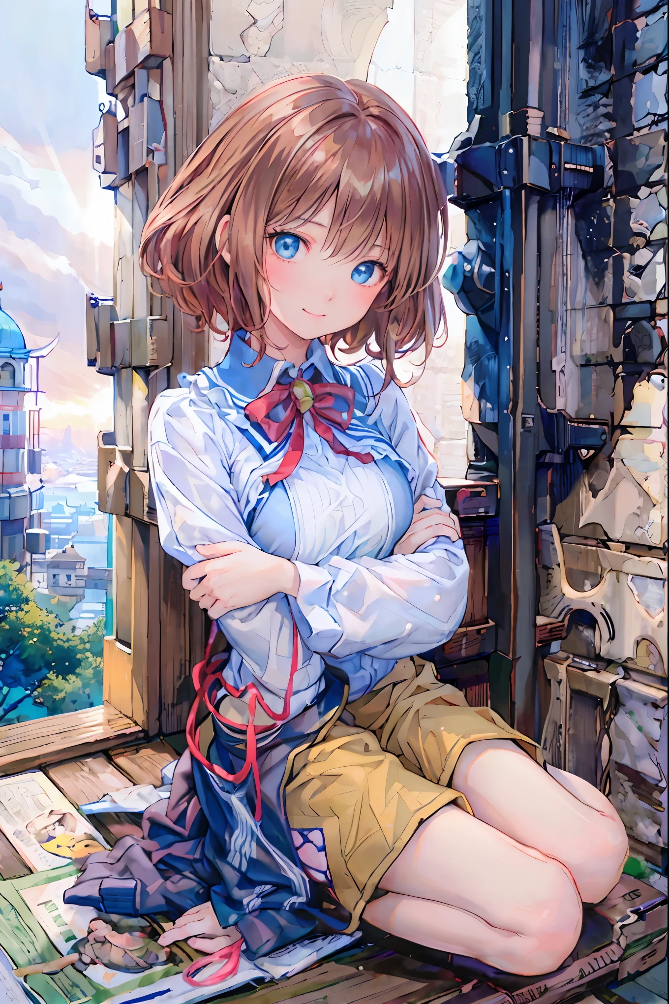 ((    masterpiece    )), (black clothes), (( top quality)), (    Photos from the past 100 years         :1.2), (    next to the piano is high resolution  :1.3), (     take professional photos of every place where flowers bloom     :1.2), ( Color Difference),         mischievous girl       , (()), (Serious),  audience  , Plain Shirt,  Bedhead,   Curly Hair, (        SMALL WAIST PANTS       ), ((Take off your work pants)), , (   small breasts), Cute waist,         outdoor   , ((Top of the big bell tower))，International Travel，Brown suitcase，      The sun shines on a bright summer day        ，    Girl looking down from the top of a hill       ,         the wind is blowing ，Tower of Pisa，tourist spot，      ANCIENT CITY     ，sunlight   ，Highlands，holy place，Multiple Churches，    Brown Hair    ，        shortcut    ，        hair is unkempt ，       short braided hair      ，Neat，     slender beauty、Positive Attitude，   small breasts，            Beautiful legs with tails          ，          Her charming gray-blue eyes shine like stars  ，        bright color,             beautiful eyes     ,A delicate smile,        Her enchanting gray-blue eyes shine like stars   ,  top quality,   Gentle beautiful woman   ,      anime style､((    from below:1.2)),