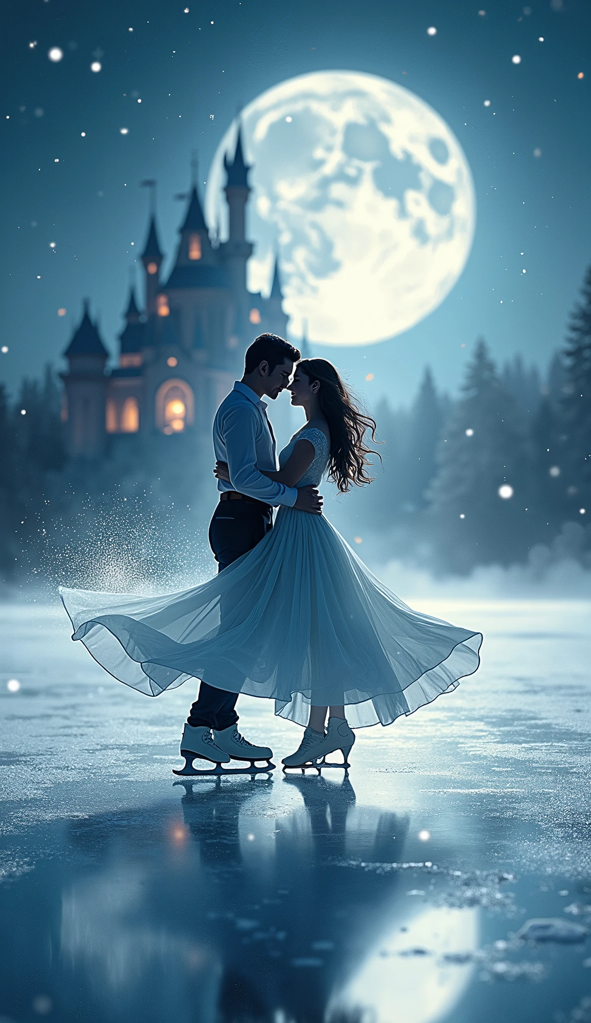 (8k, Highest quality, masterpiece)，Double Exposure, (silhouette), ice skating, (, A tranquil frozen lake, a man and a woman ice dancing,, ), The wind blows the dress and the skirt spreads out., Moonlit Night, Cinderella Castle, Outdoor, 
Shooting stars, twinkling starry sky, sparkling ice crystals, many snowflakes