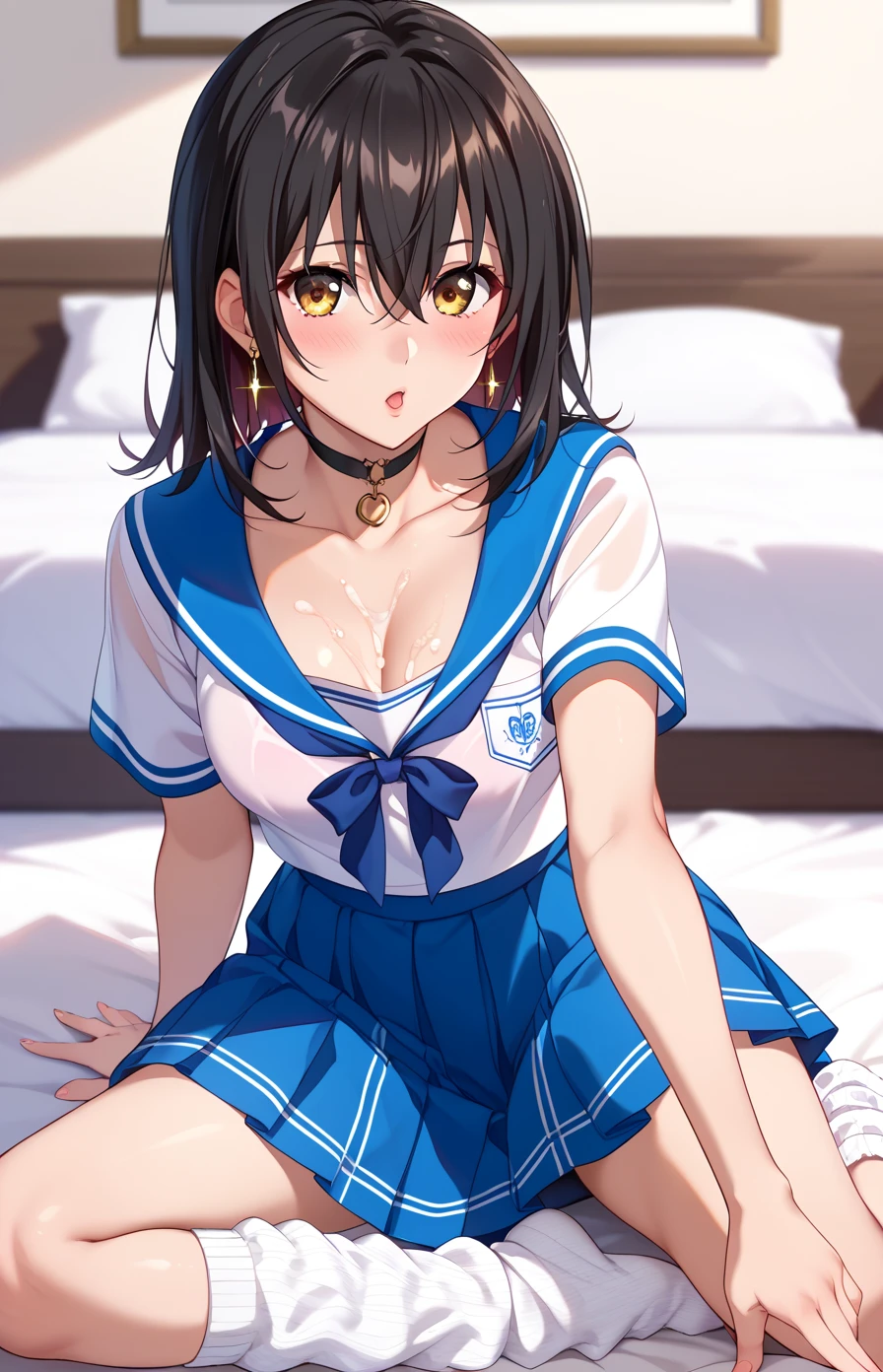 ( super high resolution 、 Max Image、 top quality、 More Details)、(Himeragi Yukina:1.25)、 1 woman 、solo、 black hair、 medium hair、Shiny Hair、 bangs between eyes、 golden eyes、Glamorous eyes、 textured skin、 sailor suit、Summer uniform、Short sleeve、 Knee Length Skirt 、 blue skirt with Yukikarou、( Loose Socks)、Shiny Earrings、 choker 、blush、 bed、NSFW、fellatio、cum on breast、 I Can See My Chest 