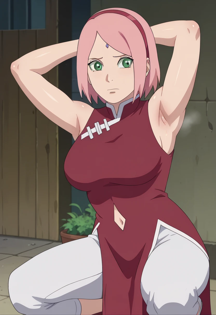 score_9, score_8_アップ, score_7_アップ, ソース_أنيمي, أنيمي screencap,,nsfw,haruno sakura,sakura,green eyes ,pink hair, short hair,, red sleeveless dress, navel, large breasts, white pants,In a dimly lit alley ,Armpit,Armpit wrinkles,Armpit smell,Armpit juice,Arms up,Stretch,pubic hair,under hair,squat down, 