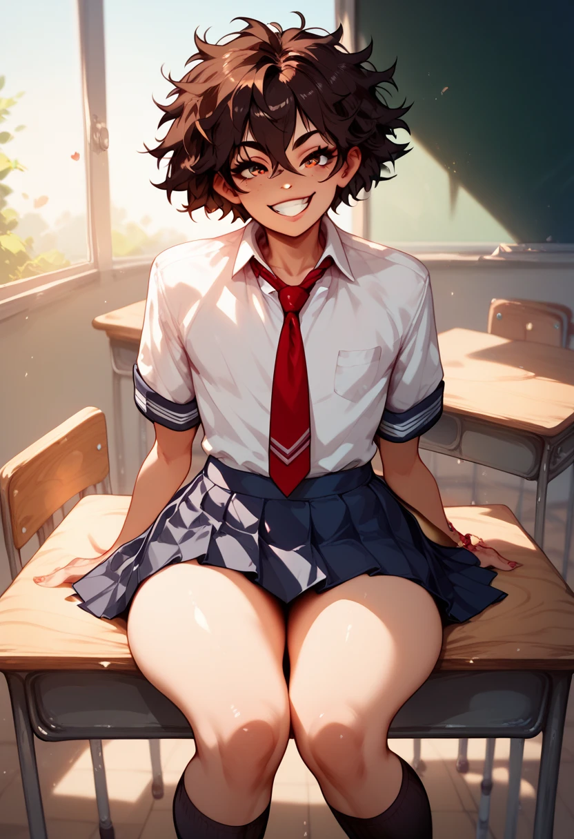 Femboy, messy brown hair, big butt, school uniform, red tie, short skirt, sly smile, leaning against desk, looking at user, front view, school, solo