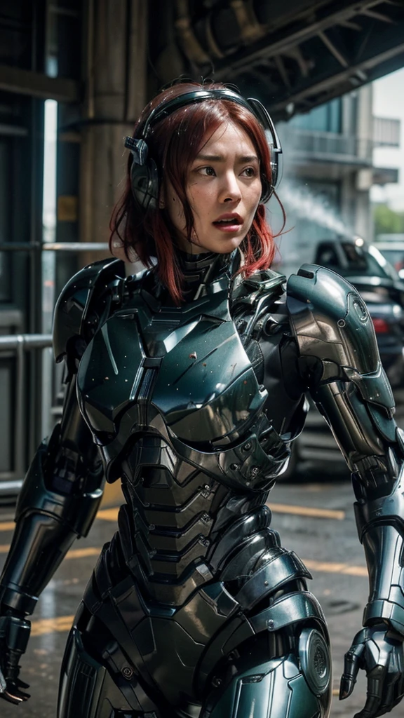 A realistic photograph. AA female cyborg warrior is surrounded and attacked by creepy monsters. Her powered suit is destroyed and red liquid is splattered all over her body. she is eaten by a monster...nsfw