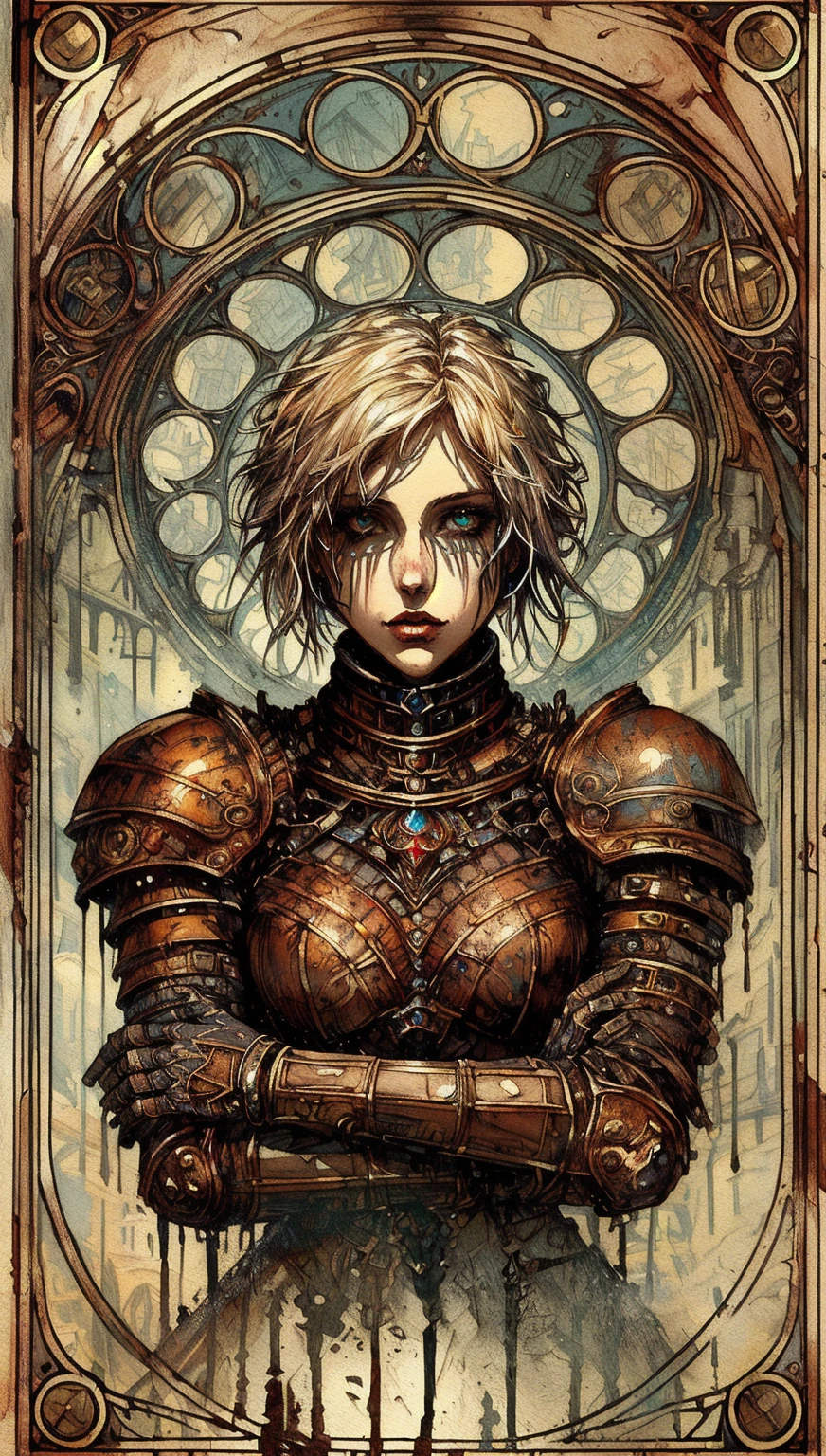 a painting of a woman in rusty armor, high quality steampunk art, neogothic art, beautiful female neuromancer, like lady mechanika, portrait of lady mechanika, gothic art, gothic art style, gothic fantasy art, portrait knight female, james gurney brom, mighty princess of the wasteland, armor girl, girl in knight armor