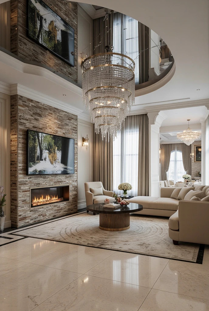 The huge gorgeous luxurious living room of my house, a cylindrical hologram that can project anything, a fireplace and chimney made of bricks, large windows, shiny marble floors, a large round table, a large fluffy sofa, artistic photography, hyper realistic, ultra detailed, absolutely resolution, masterpiece