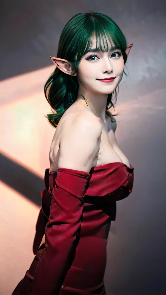 ((masterpiece,best quality,ultra-delicate,Perfect Face,16k,very detailed eyes,high resolution,very beautiful girl,sharpness,raw photo,18 years old,bright green color hair:2.0,cute,Photographed from the front)),,Red strapless bodycon tube dress with huge red bow on the back:2.0,Red long arm sleeves,Elf Girl,very huge Breasts:2.0,blue eyes, very happy smile:2.0,upper body shot,