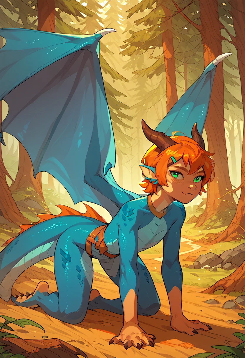 score_9,score_8_up,score_7_up, 1girl, Gwendolyn_Tennyson, solo, furry, forest, dragon girl, short hair, orange hair, green eyes, scales, horns, dragon wings, all fours, feral dragon