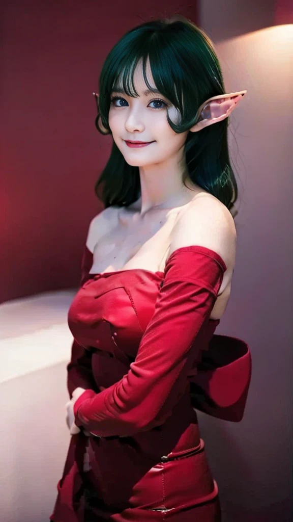 ((masterpiece,best quality,ultra-delicate,Perfect Face,16k,very detailed eyes,high resolution,very beautiful girl,sharpness,raw photo,18 years old,bright green color hair:2.0,cute,Photographed from the front)),,Red strapless bodycon tube dress with huge red bow on the back:2.0,Red long arm sleeves,Elf Girl,very huge Breasts:2.0,blue eyes, very happy smile:2.0,upper body shot,