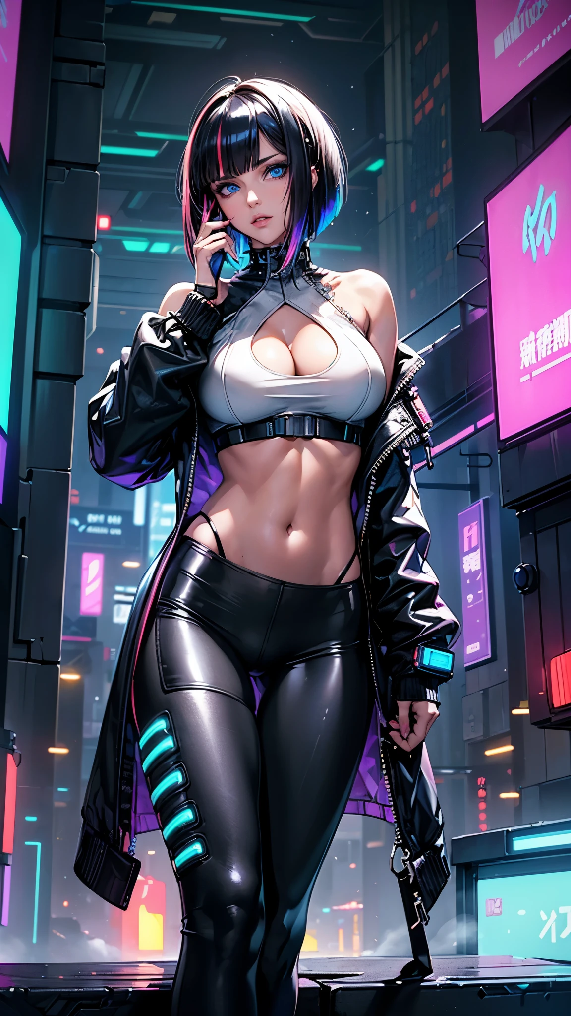 Sensual 24 Year Old Female , cyberpunk style , blue eyes, beautiful black hair , (( Highlight Hair , Multicolored Hair)) Sleek Bob Cut , (near futuristic blue short jacket with intricate Cool Design accents , white top with intricate Cool Designed patterns , clevis on a stone, Underboobs :0.8), (( Sexy White Top with Diamond Shale Holes in Her Chest {x} Sexy White Top with Diamond Shale Holes in Her Chest )), Cut My Navel , ((Wear low rise leggings with intricate Cool Designed patterns, cyberpunk leggings, Cool Design )), Wears High Cut Shoes , ((Put your hands on your head , Bewitching pose, Perfect Anatomy), She's Gaining Audience's Attention , ), (( very detailedな説明, Futuristic Cityscapes , cyberpunk , Night Sky, Glowing neon, cyberpunk street , people々:1.3)), ((( Absolutely Detailed Beautiful Face , Sexy Face, (( very detailed, whole body)),)))