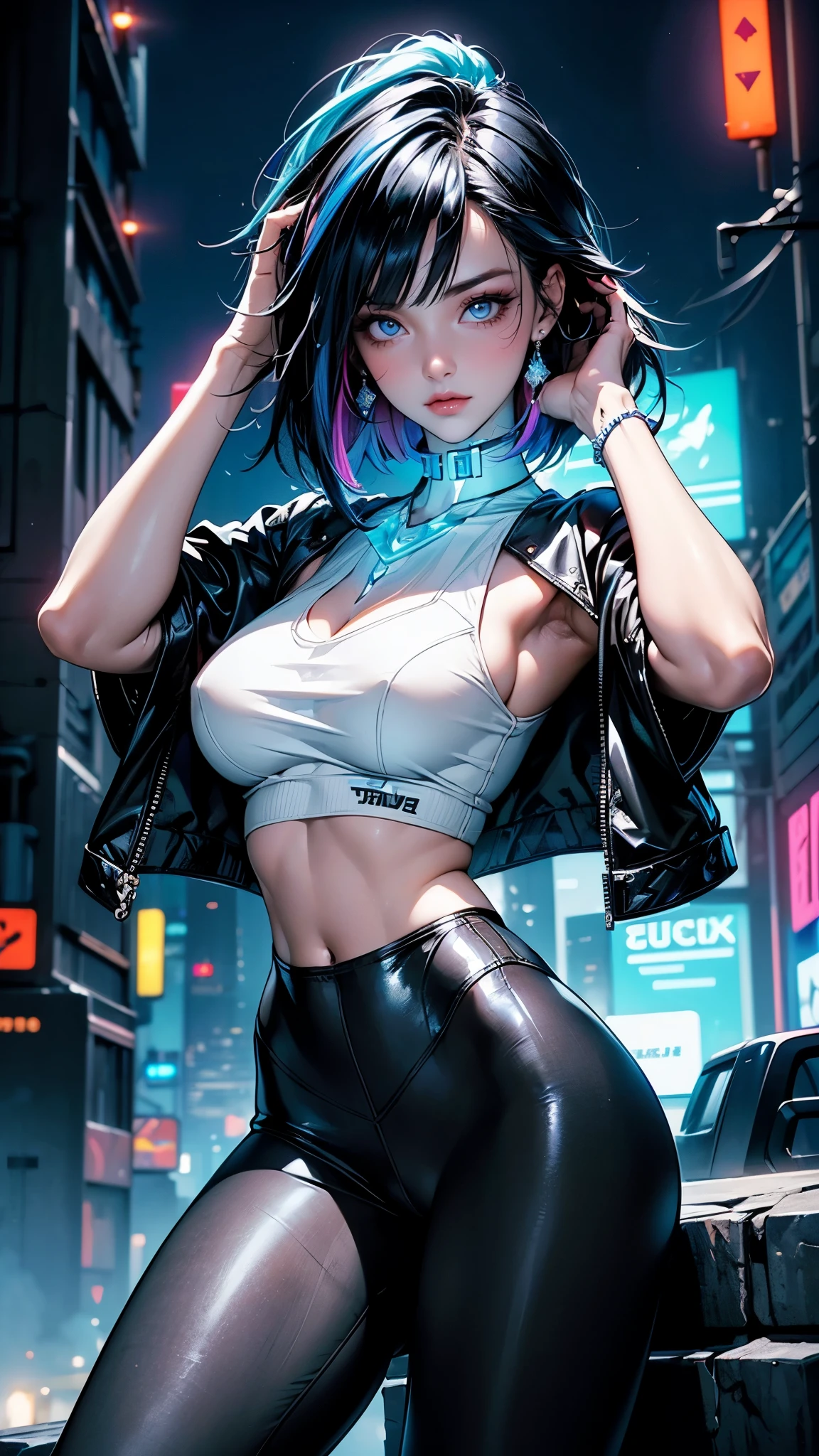 Sensual 24 Year Old Female , cyberpunk style , blue eyes, beautiful black hair , (( Highlight Hair , Multicolored Hair)) Sleek Bob Cut , (near futuristic blue short jacket with intricate Cool Design accents , white top with intricate Cool Designed patterns , clevis on a stone, Underboobs :0.8), (( Sexy White Top with Diamond Shale Holes in Her Chest {x} Sexy White Top with Diamond Shale Holes in Her Chest )), Cut My Navel , ((Wear low rise leggings with intricate Cool Designed patterns, Cyberpunk leggings , Cool Design )), Wears High Cut Shoes , ((Put your hands on your head , Bewitching pose, Perfect Anatomy), She's Gaining Audience's Attention , ), (( very detailed, Futuristic Cityscapes , cyberpunk , Night Sky, Glowing neon, cyberpunk street , people々:1.3)), ((( Absolutely Detailed Beautiful Face , Sexy Face, (( very detailed, whole body)),)))