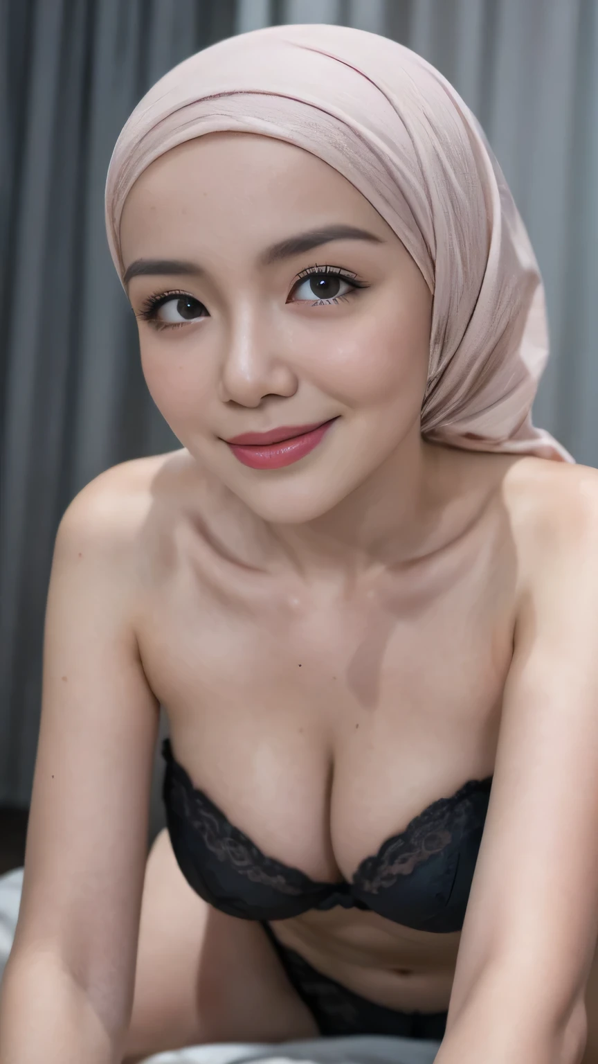 Malay women ((hijab)) wearing sexy lace pink color strapless bra and panties, portrait photography, 35 years old, mid shot photo, ultra detail, professional photograph with professional lighting, smile, light blue studio background, sexy seducing pose, curvy,