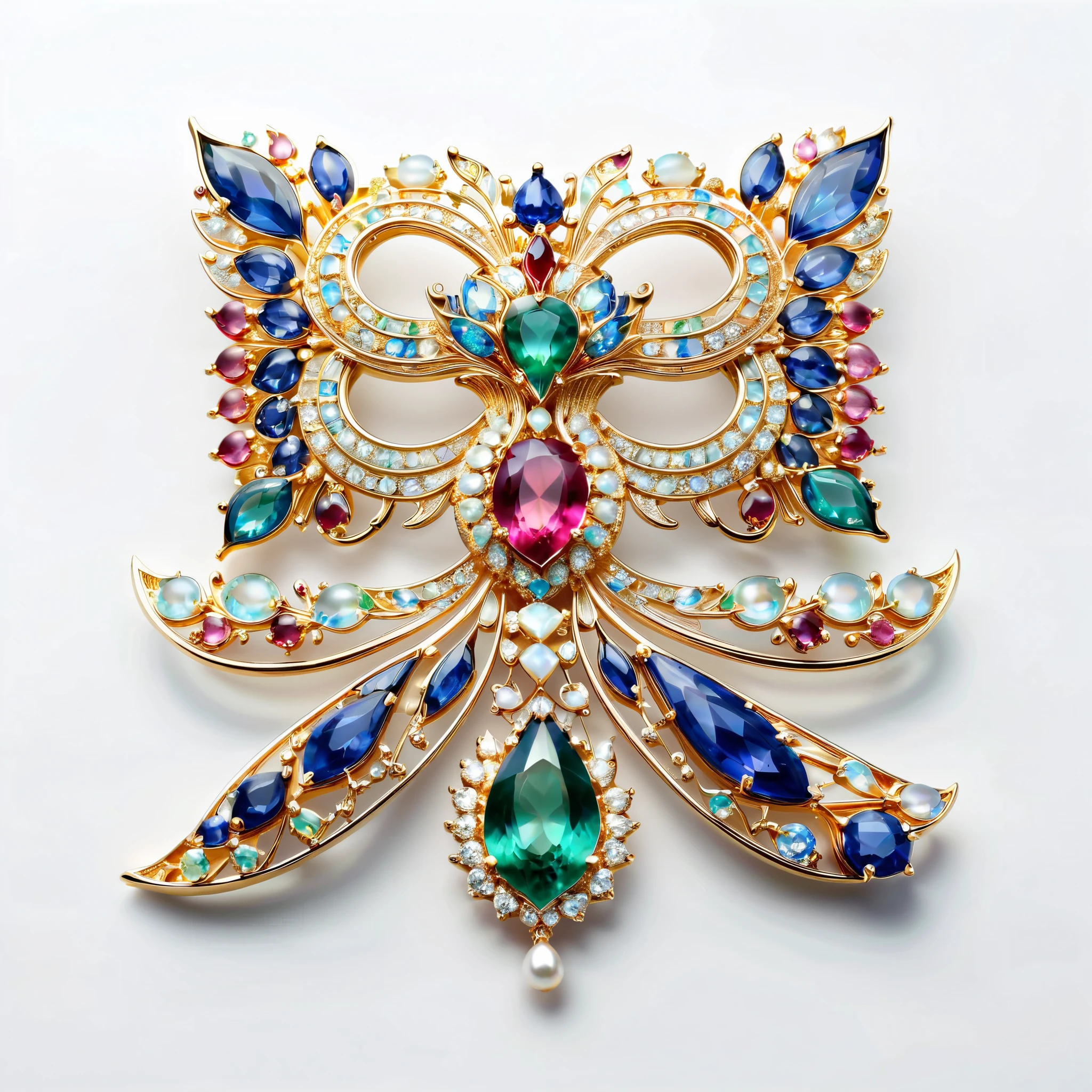 masterpiece. Exquisite brooch ， depicts a Malagasy tourmaline phoenix， precious stones adorning high jewellery . Exquisite craftsmanship.  high quality. Excellent refinement. (( super detailed)).  on the table decoration ， and scattered some mother-of-pearl , opal, ruby. lapis lazuli. masterpiece hors norme. majestic and true.  Super Realistic .. ((  white background ))