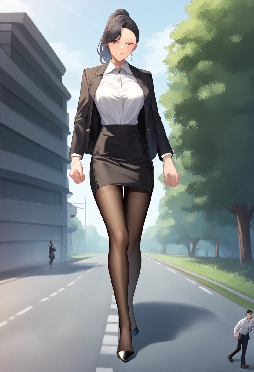 ( top quality)), ((masterpiece)), (be familiar with) Manga style illustration、 A 20-meter-tall woman walking on top of little people on the road、 Mature Slender Woman 、 black hair、One length up to the shoulder 、Office Style、 business suit、 black jacket 、White open shirt、 Black Knee Length Pencil Skirt 、I'm wearing transparent black pantyhose 、 wearing black high heel pumps 、 looking at the men under their feet 、Walking while stepping on a dwarf 、 dark brown stains on the road 、 Running Away 、 I take a step forward 、 wears high heels、The soles of her shoes are dirty 