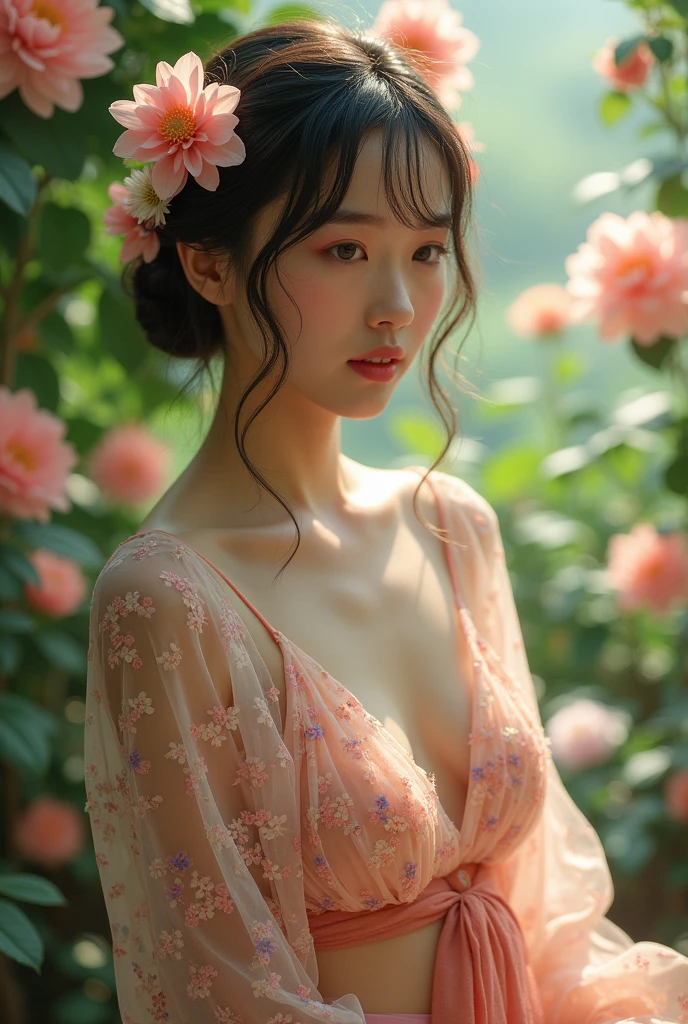 baggy clotheshoulders、Navel ejection、How to wear a skirt if the dark suspender tie broken、Decorated with intricate patterns and pastel colors、Transparent material,Leave skin glowing、Artistic depiction of woman wearing wet cotton and transparent skin robe, Floral fantasy pattern paired with silky translucent skin。Her dress hugged her curves elegantly、Emphasize her captivating silhouette。She the gentle night of fireworks、dynamicposes、lacivious pose、Bask in soft moonlight。The scene 、With a touch of mystery and sensibility、Exudes an ethereal and dreamy atmosphere。Image style 、It combines watercolor and digital illustration techniques.、Let you feel the exquisite beauty and charm。soft moonlight lighting、Casts soft highlights and shadows on her stunning features。dynamicposes、reach somewhere、see through、show through、Youn、Petals under the cherry blossom tree、Sakura NS、(cherry tree:1.5)、Sakura blizzard、funereal、Clean skin、dra、Translucent clothes、Upper body、garter net、the huge moon、Upper body photography、