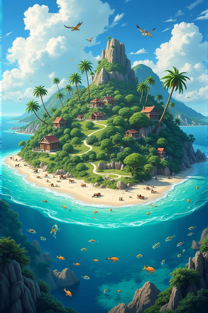 Beautiful Island where there are birds, fish in the sea and animals on the island 