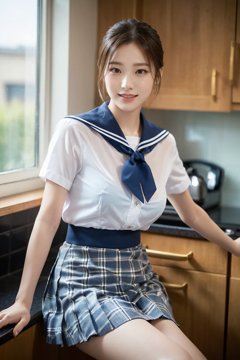 (A stunning Japanese-Korean lady, sitting with legs crossed, laying back comfortably in kitchen at night, natural pose, wearing a traditional Serafuku, Seifuku, tight white shirt, white blouse button-down, translucent short-sleeve, navy-blue plaid skirt, form-fitting pleated skirt, red ribbon bow tie, sailor collar, youthful charms, smooth complexion, beautiful detailed face, beautiful detailed eyes and lips, long eyelashes, slender figure, perfect body proportion, friendly expression, snaggletooth, cute dimples, kind smile, short hair, short layered hair, side ponytail, Bob hair, Curved in Blunt Bob, Asymmetrical Bob, confident & poised demeanor, Looking at viewer, 

Blurred background, Bokeh effect, ultra-detailed,
(best quality, 4k, 8k, high-resolution), 
(masterpiece:1.28), award-winning,
(realistic, photorealistic, photo-realistic:1.37),
HDR, UHD, studio lighting, ultra-fine painting,
sharp focus, physically-based rendering, extreme detail description, professional photography, vivid colors, SFW, Safe for Work, Cowboy Shot, Close-up Shot, High Angle Shot, Selfie, Selca, from side)