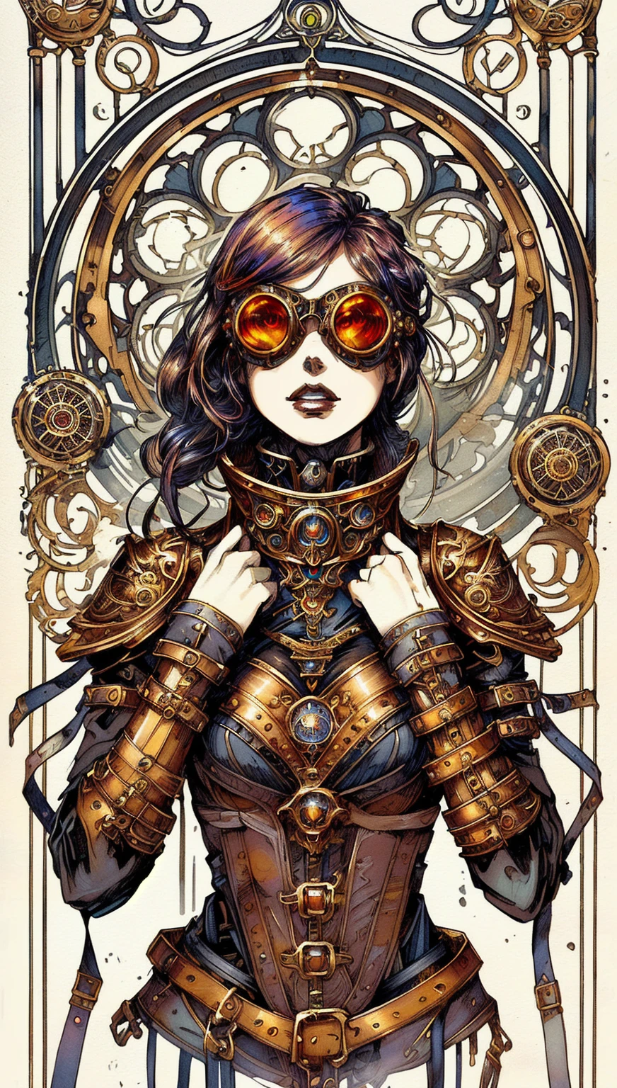 a close up of a woman wearing a steam punk armor, high quality steampunk art, steampunk art, detailed steampunk illustration, golden steampunk, steampunk fantasy style, steampunk illustration, like lady mechanika, colorful sci-fi steampunk, steampunk design, a steampunk beautiful goddess, steampunk beautiful anime woman, steampunk girl, digital steampunk art, sci-fi steampunk, steampunk cyberpunk