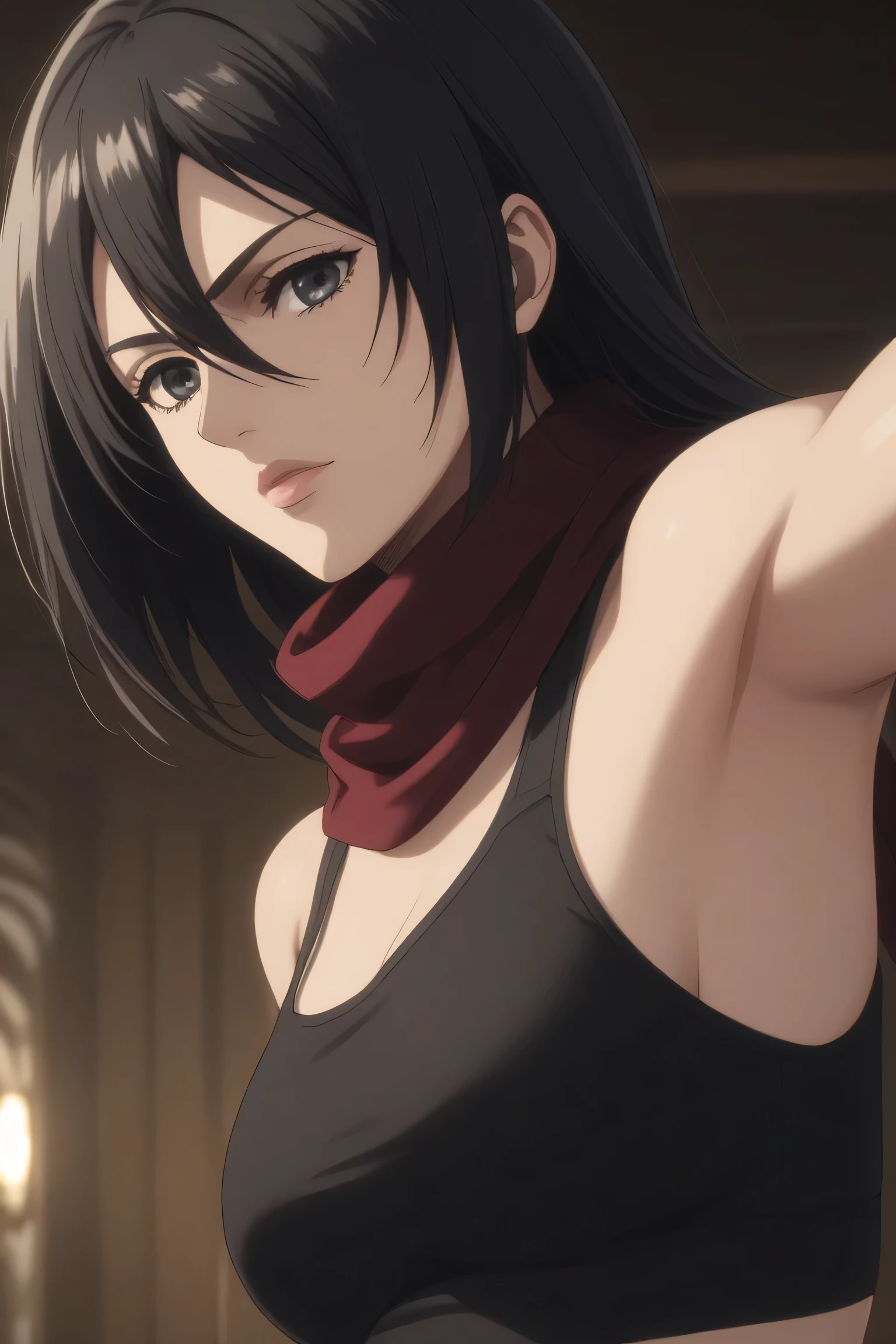  intricate details, looking at viewer, , 1girl, solo, mikasa_ackerman, black hair, black eyes, hair between eyes, short hair, lips, scarf, ((dynamic pose)) , Eumiella, black eyes, long hair, black hair, bangs, hair between eyes, sidelocks, breasts, solo,black tank top, indoors, BLACK BRA, BREASTS, TIGHT BRA