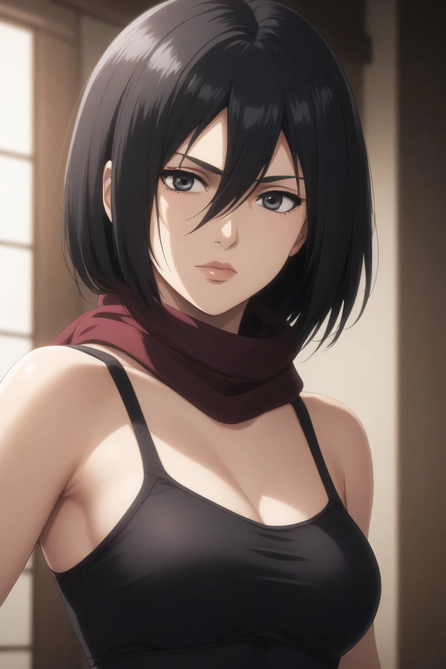  intricate details, looking at viewer, , 1girl, solo, mikasa_ackerman, black hair, black eyes, hair between eyes, short hair, lips, scarf, ((dynamic pose)) , Eumiella, black eyes, long hair, black hair, bangs, hair between eyes, sidelocks, breasts, solo,black tank top, indoors, BLACK BRA, BREASTS, TIGHT BRA