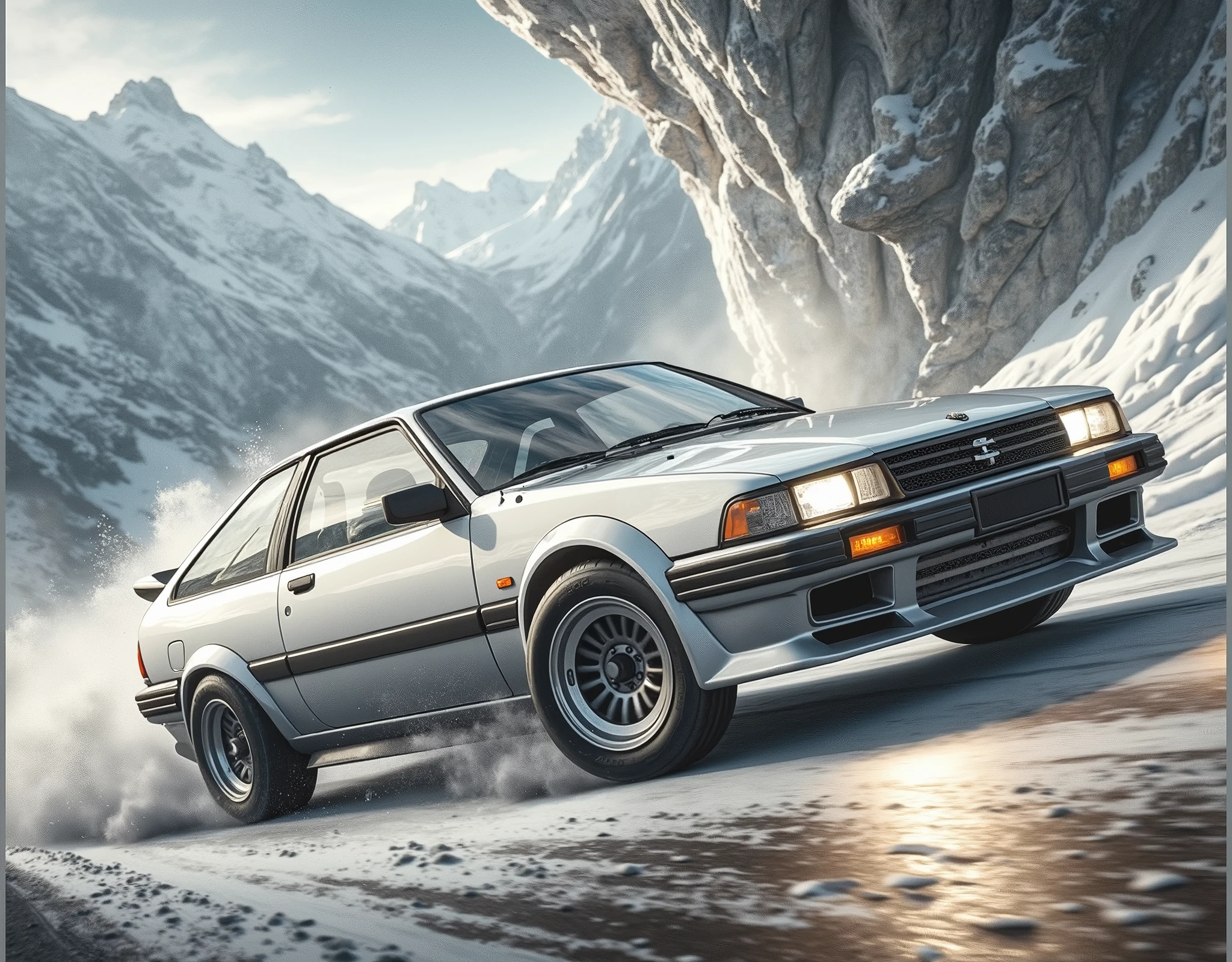 (masterpiece,  High Quality ,  high definition ,  Golden Ratio ,  movie lighting, 8k, Close-up), (( ice burn mountain pass(Reminiscent of the white TOYOTA AE86 ) movie Fast and Furious ICE BREA that runs through tough corners , Lights on))), ((( rear tire that slides violently ))), ((( counter steer ))), (((Ice soaring up ))), (((Calm Driver ))), ((( motion blur :1.3))), ((( slow motion :1.3))), ((from below:1.5, Impressive screen ,Very close)), ( movie ICE BREAK on the door)