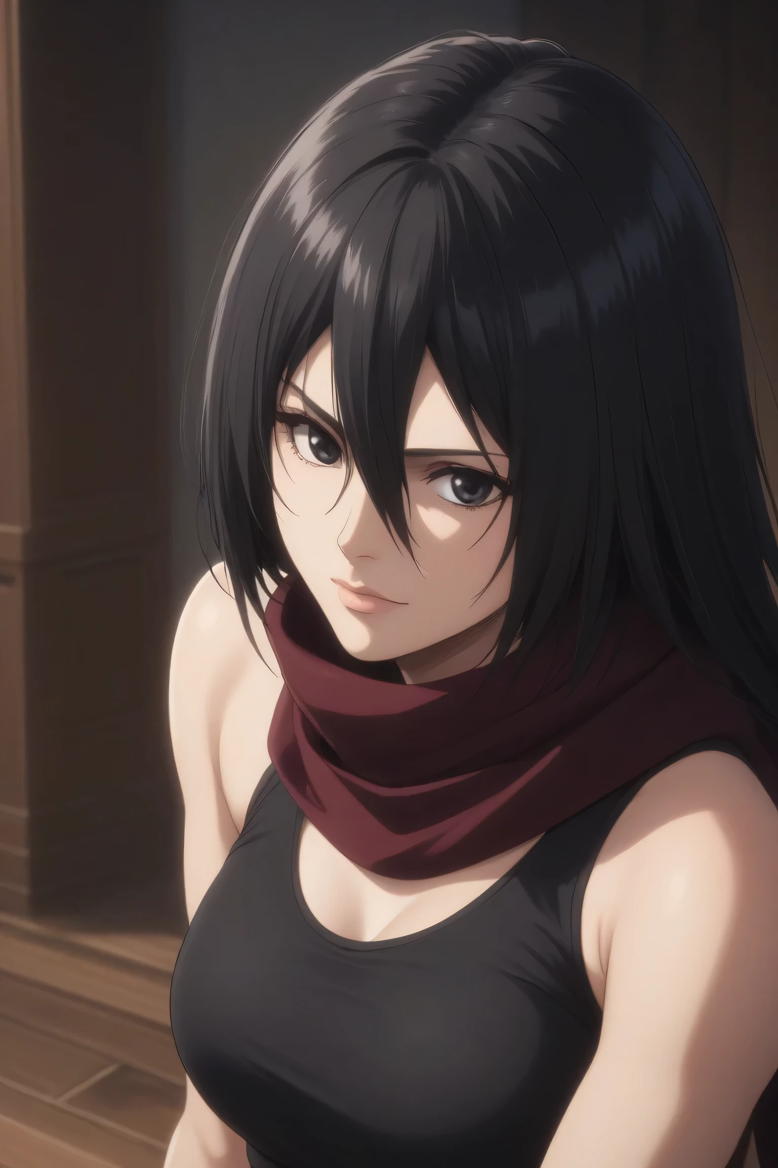  intricate details, looking at viewer, , 1girl, solo, mikasa_ackerman, black hair, black eyes, hair between eyes, short hair, lips, scarf, ((dynamic pose)) , Eumiella, black eyes, long hair, black hair, bangs, hair between eyes, sidelocks, breasts, solo,black tank top, indoors, BLACK BRA, BREASTS, TIGHT BRA