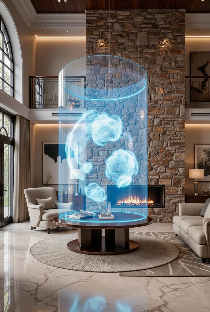 The huge gorgeous luxurious living room of my house, a cylindrical hologram that can project anything, a fireplace and chimney made of bricks, large windows, shiny marble floors, a large round table, a large fluffy sofa, artistic photography, hyper realistic, ultra detailed, absolutely resolution, masterpiece