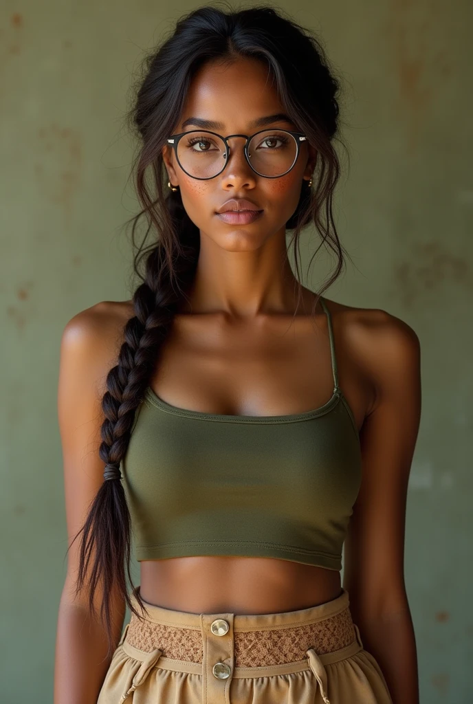 Beautiful smiling girl, with big turquoise eyes gleaming behind glasses, long green hair with braids, wearing an orange top that reveals her bellybutton. The scene is captured in a long shot, allowing the viewer to fully appreciate her charming features and the vibrant colours of her outfit. The natural light illuminates her radiant complexion, adding to the overall enchanting atmosphere of the portrait. The details of her glasses, the texture of her hair, and the subtle shades of orange in her top are all rendered in stunning detail, adding authenticity and depth to the image. The background is blurred, drawing the focus solely on the captivating subject, immersing the viewer in