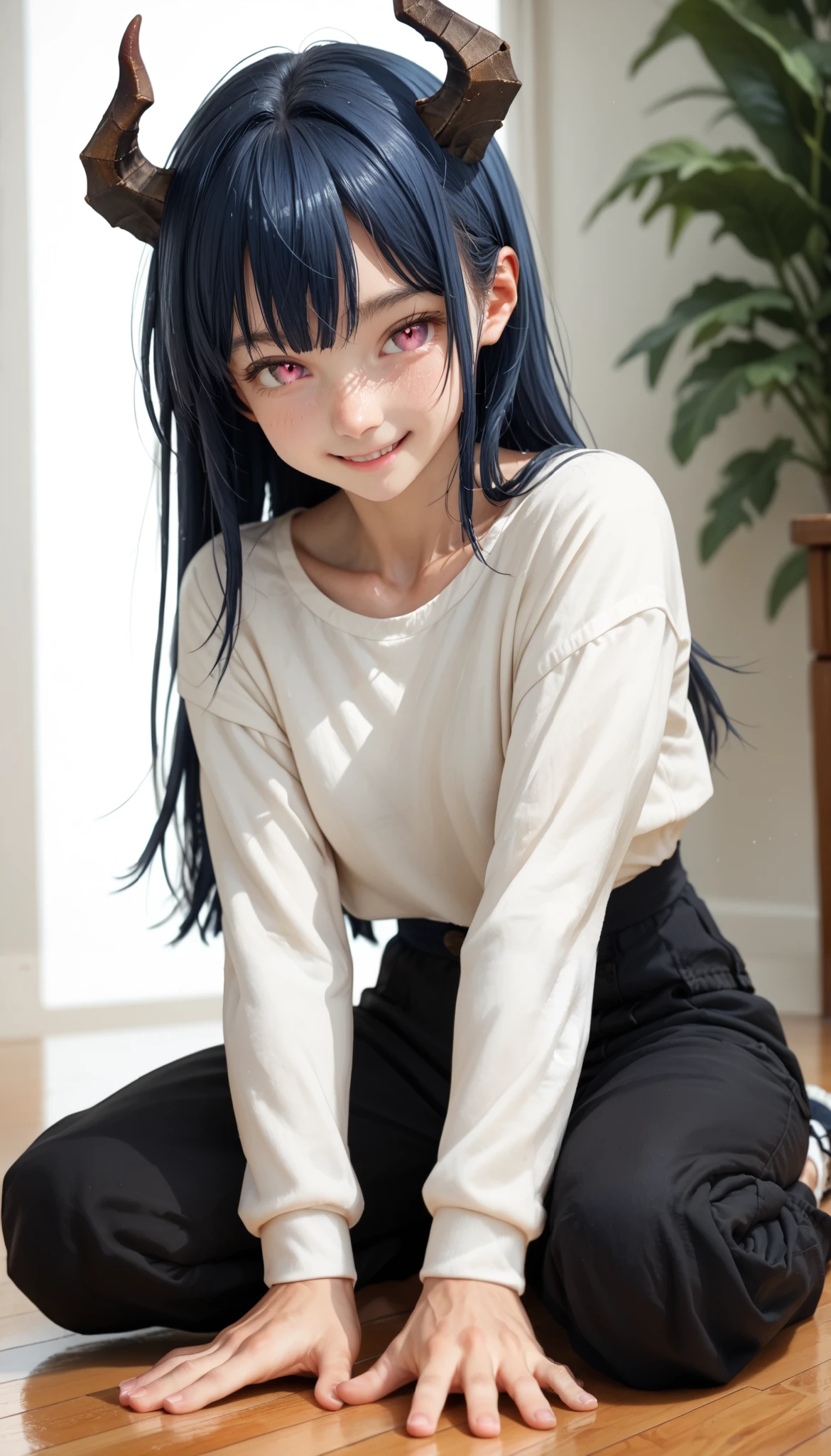 (zPDXL2), (PonyXLV6_Scores), source_anime, Expressiveh, full body shot, BREAK
lhata4564, d3t41l3d, 
Inccubus, dark blue hair, very long hair, long est hair in the world, small tiny horns, pink eyes, smiling, stretching on the floor, natural