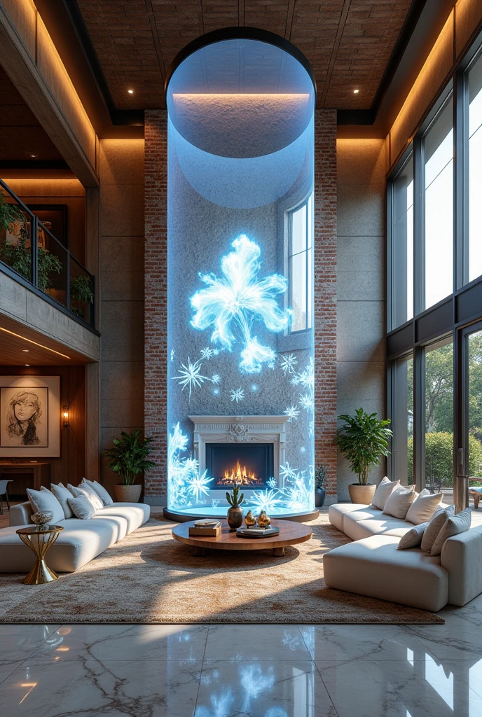 The huge gorgeous luxurious living room of my house, a cylindrical hologram that can project anything, a fireplace and chimney made of bricks, large windows, shiny marble floors, a large round table, a large fluffy sofa, artistic photography, hyper realistic, ultra detailed, absolutely resolution, masterpiece