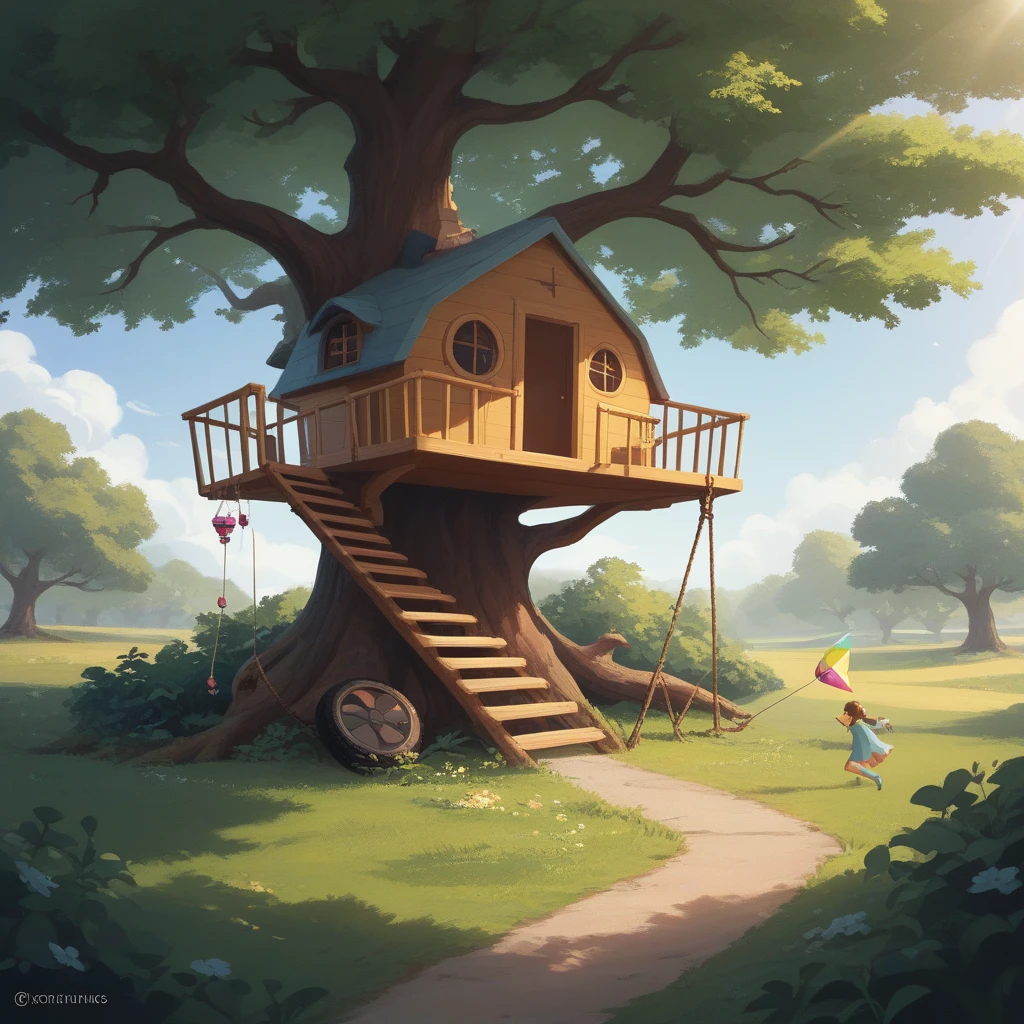 
"Create an artistic representation of hood friendship goals: two young s, around 18 years old, laughing and running through a sunlit meadow. One is flying a colorful kite, while the other holds a wooden stick sword, imagining themselves as an adventurer. In the background, a rustic treehouse is nestled in a large oak tree, with a tire swing gently swaying. The scene is bathed in warm golden sunlight, emphasizing the joy and freedom of youth. Include small details like a playful dog chasing the s and a picnic blanket with scattered snacks near the treehouse. The atmosphere should feel magical and nostalgic, evoking a sense of carefree hood adventure and connection."