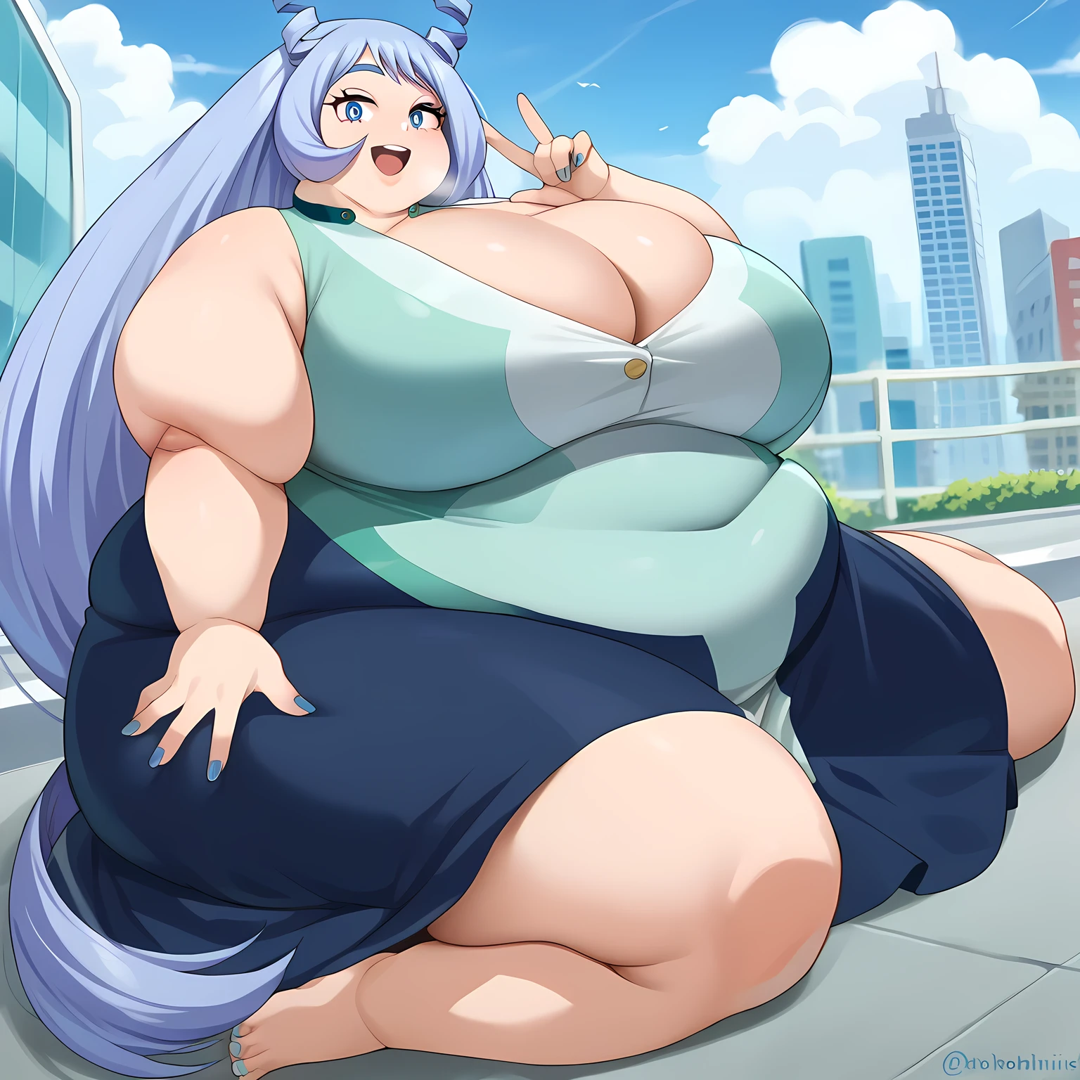 score_9, score_8_up, score_7_up, source_anime,
nejirehadou, nejire hadou, blue eyes, blue hair, long hair, smile,
blue low-cut dress, cleavage, drill hair, horns, barefoot, blue nails 
outdoors, cityscape,
looking at viewer, extra large breasts  fat, chubby, obese, gigantic arms and legs, large breasts open mouth, out of breath