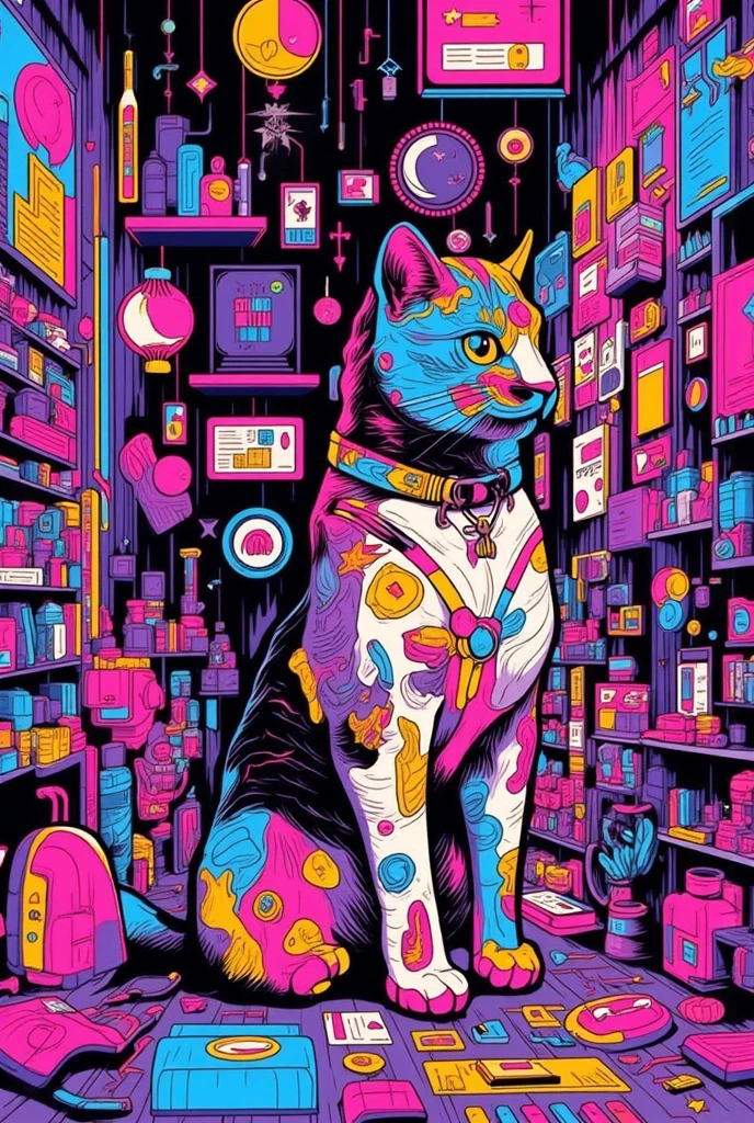 1cat in room , pop art, graffiti art, complex art, hand drawn illustration, ultra detailed,
