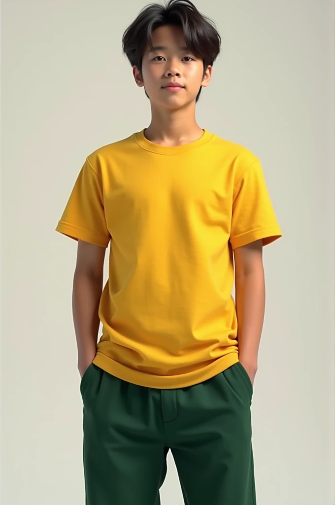 A handsome, muscular young Asian man looks at the camera. In a plain yellow t-shirt , Fieldside, grass, beach, sunlight